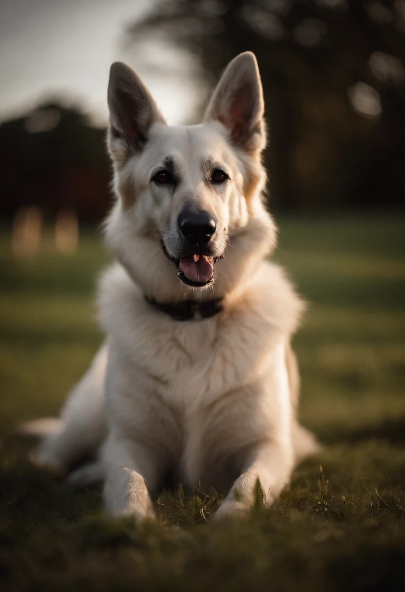 White German Shepherd Dog With Twilight Background Wearing Vest, no colete possui a escrita do nome "Zorran", o fundo pode ser um por do sol, a imagem precisa ser nitida, The dog is sitting on a lawn or walking on the lawn