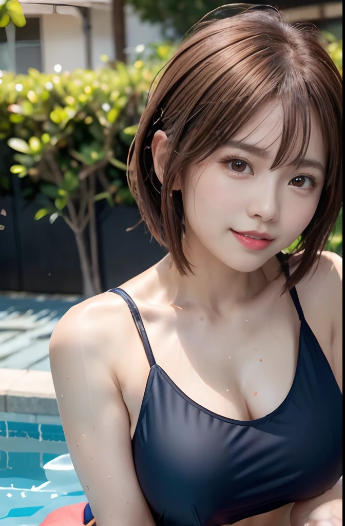 (​masterpiece,top-quality,超A high resolution),A Japanese Lady, (((Very beautiful  girl))), Kawaii Girl、View photographer､Front view,  ((Shorthair)), hyper cute face, Glossy lips, Double eyelids in both eyes,Smiling smile、 Natural makeup, long eyelashes, Glossy and smooth hair quality､central image,  Perfect limbs, Perfect Anatomy,(((maikurobikini)))、(((school swimming pool)))Wet with water