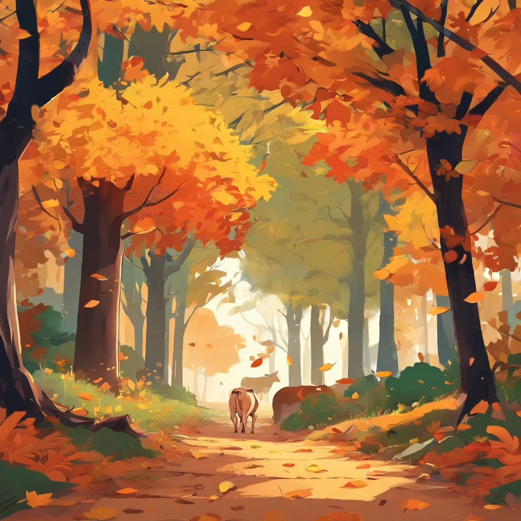 (Best quality,4K,8K,A high resolution,masutepiece:1.2),Ultra-detailed, Lots of fallen leaves,Colorful autumn scenery,The calf at the beginning of the school year,Cute calf,autumn forest,The ox wears a cloak made of maple leaves,Hide the cow,Tree roots,rainy days,tranquil ambiance,maple trees,Colored leaves,Beautiful colored cows,Dark green and orange leaves,,Delicious nuts,Peaceful environment,Natural lighting,Soft raindrops,Leaves of the ground,Soft mist,The sun shimmered in the woods,Majestic tree trunk,Quiet loneliness,Magical atmosphere