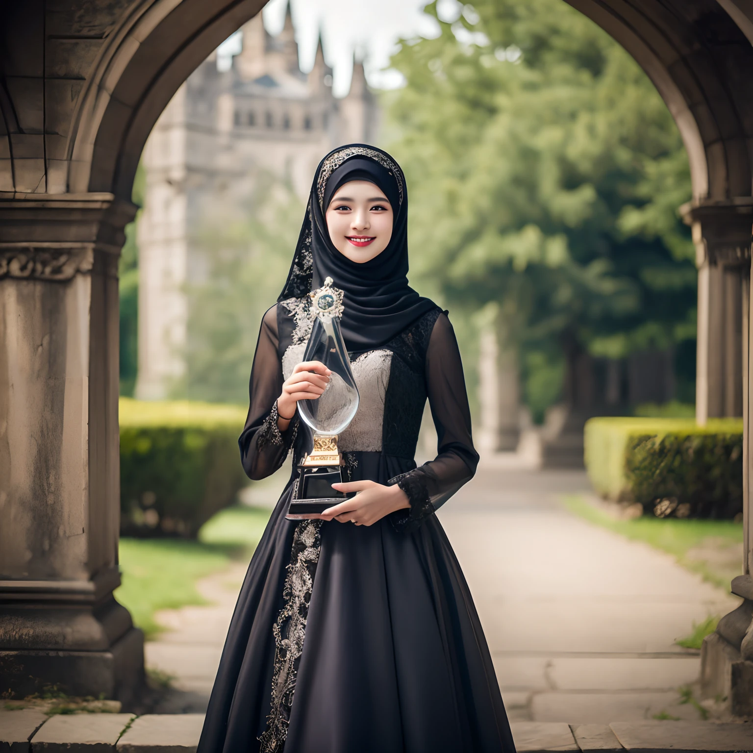 Shoot from distance , full body, gown, clossed long dress, a beautiful girl, extremely detailed beautiful face, wearing hijab no hair looks, black, grin, gothic setting, high detailed eyes make up, bright eyes,(((looking at viewer))), depth of field, best quality, masterpiece, highres, highly detailed, award winning