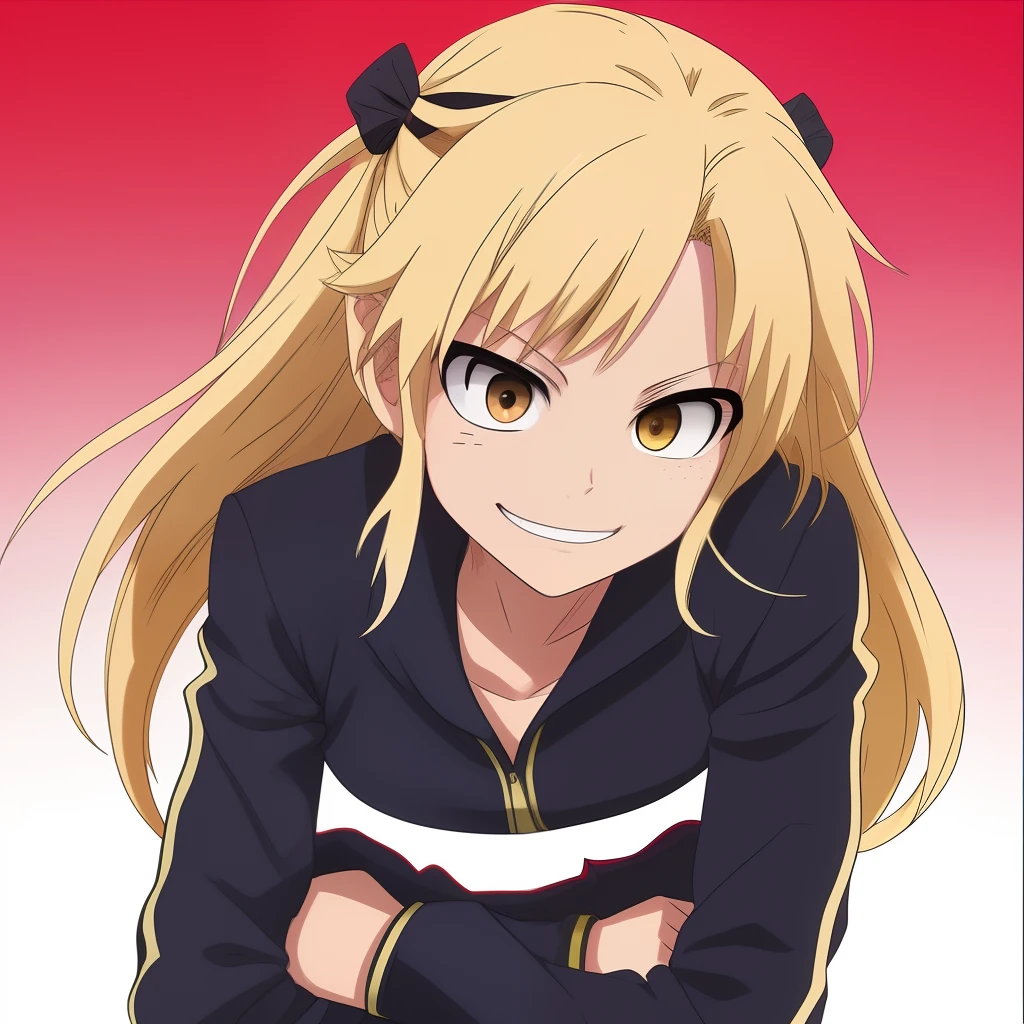 A female child with long blonde, spikey hair. Red eyes. Mean looking. Vampire teeth. My Hero Academia style