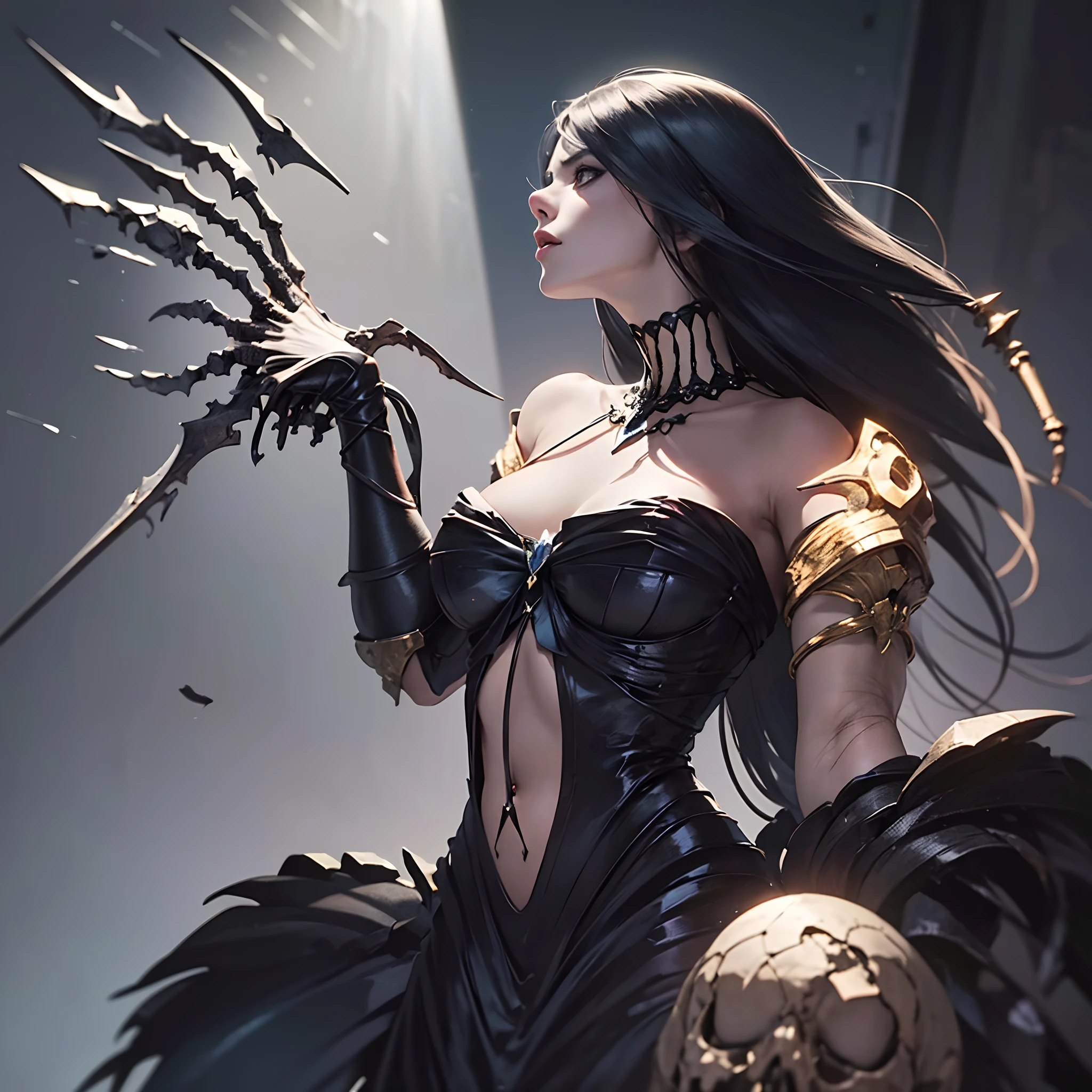 black and silver dragon, female human form, with Wolverine claws, with unicorn horns