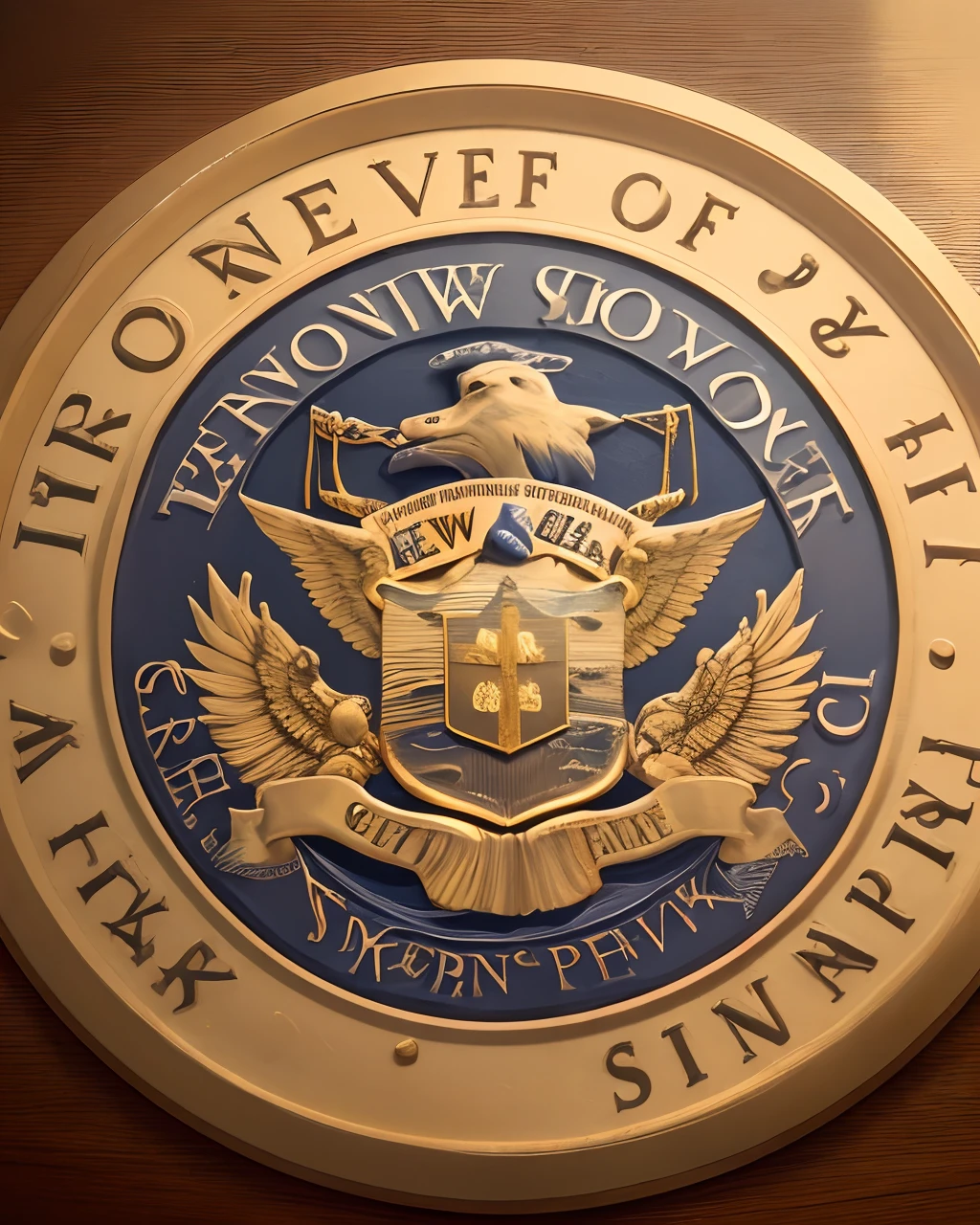 New York State Seal with a circle of words saying "New York Governor Retired" in gold letters surrounding it