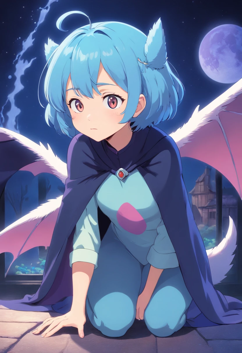 (1980s anime), woman, fluffy, High quality, highly detailed, masterpiece, 4k, RAW photo, best quality, full blue blind zubat bat costume, (shot from above:1.4), (on all fours:1.4), wide hips, thin waist, realistic skin, beautiful colorful, black light painting,, Cinematic lighting, lush illumination, Maya render (Solo:1.1), (front facing:1.2), retro fashion, muted pastel colors, cute spooky