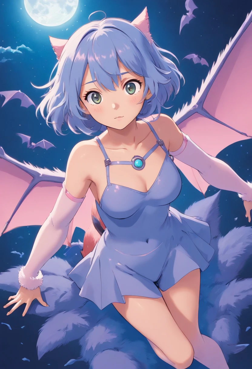 (1980s anime), woman, fluffy, High quality, highly detailed, masterpiece, 4k, RAW photo, best quality, full blue blind zubat bat costume, (shot from above:1.4), (on all fours:1.4), wide hips, thin waist, realistic skin, beautiful colorful, black light painting,, Cinematic lighting, lush illumination, Maya render (Solo:1.1), (front facing:1.2), retro fashion, muted pastel colors, cute spooky