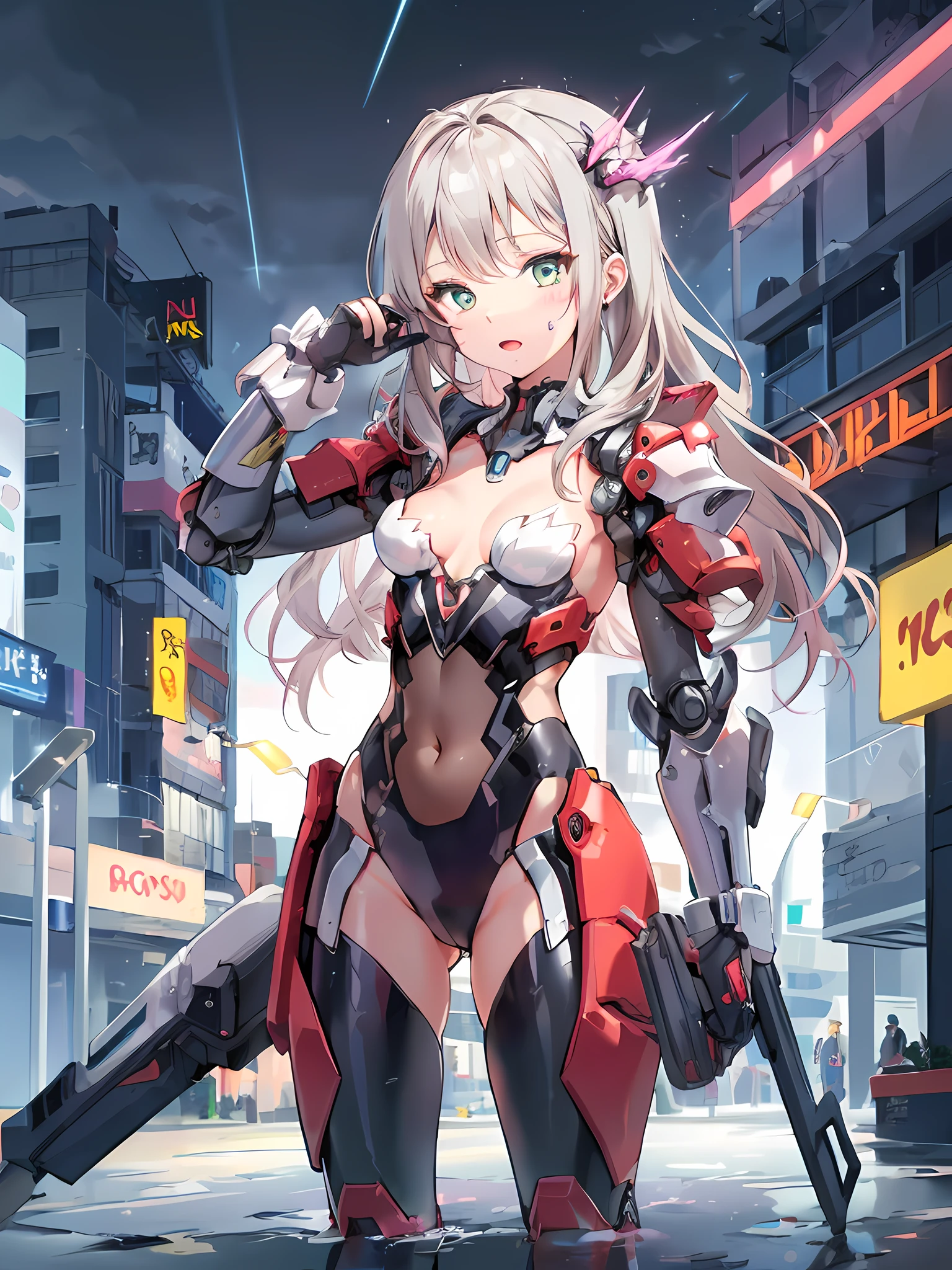 ((masterpiece:1.4, best quality))+, (ultra detailed)+,
1 girl,cyberpunk city,flat chest,wavy hair,mecha clothes,(robot girl),cool movement,silver bodysuit,colorful background,rainy days,(lightning effect),silver dragon armour,(cold face),cowboy shot,