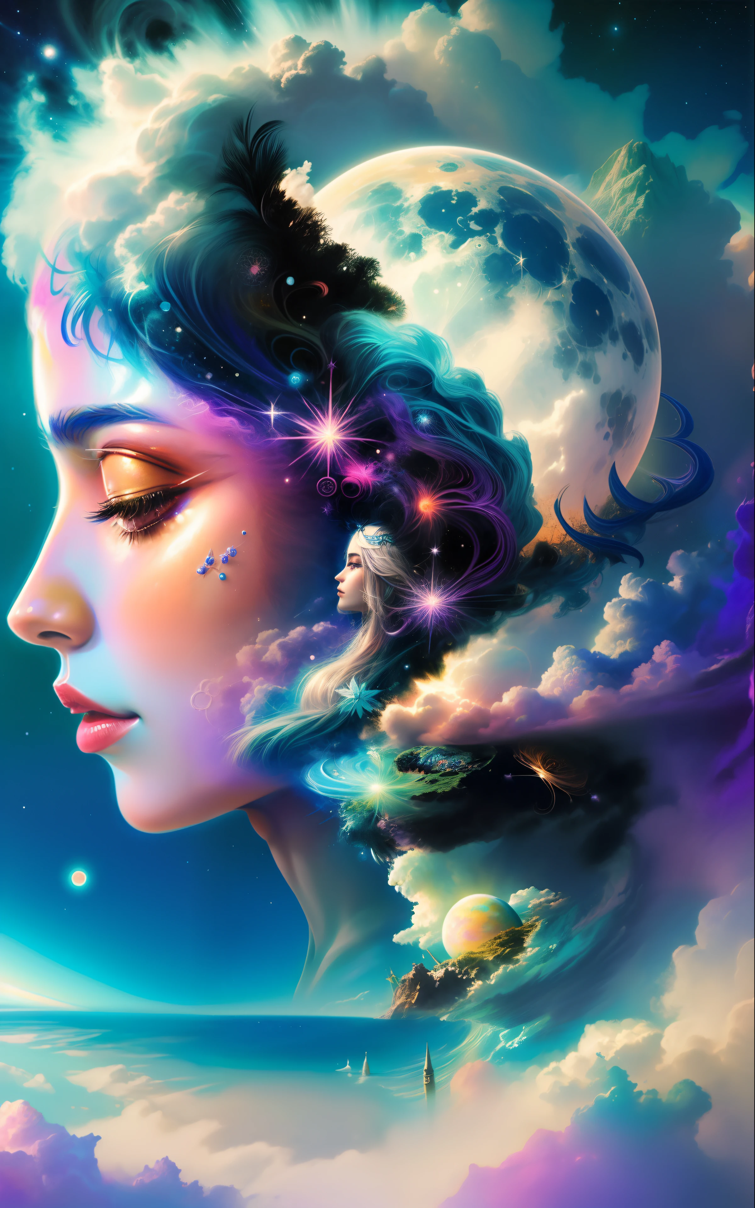 uma mulher com uma lua e flores em seu cabelo, rosto derretendo no universo, psychedelic surreal art, portrait of a cosmic goddess, psychedelic goddess, Grande arte digital com detalhes, lindo arte digital, bela arte digital, surrealism aesthetic, imagem de arte digital, goddess of space and time, cosmic and colorful, arte digital fantasia, cara de sonho, linda arte digital linda