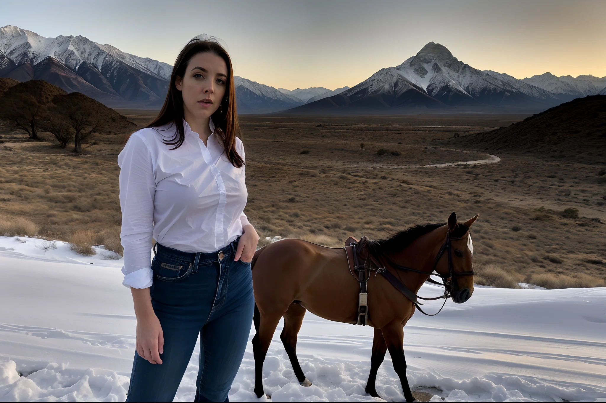 Foto de Angela White ((um personagem)) (25 anos) | vestindo roupas femininas de cowboy (roupa jeans, camisa xadrez) ((cabelos soltos e sedosos, olhos azuis penetrantes, textura de pele, Enigmatic countenance, corpo esbelto, divine proportion)) | Montando um cavalo Mustang | Location of Alabama Hills ((montanha com neve ao fundo)) | luz natural, raios divinos, cinematic quality, cinematic frame, Cinematic Filters, Maximum sharpness, Sunset Tones, vivid colors ((HDR)) ((Arri Alexa 35 8k))