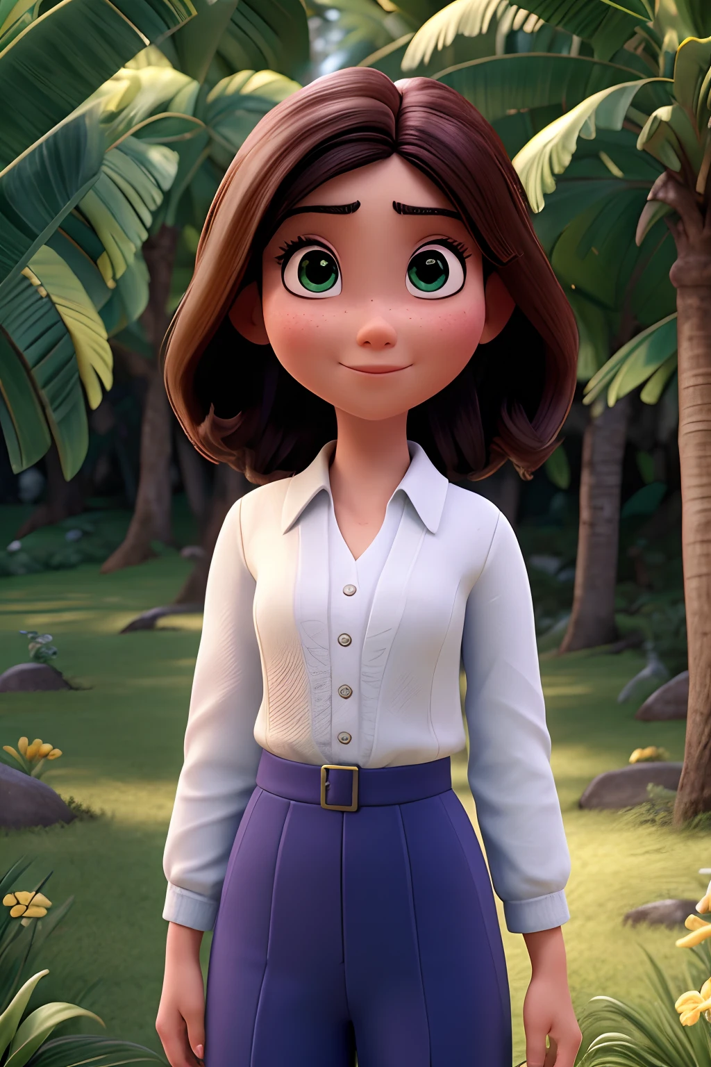 (best quality,4k,HDR),Estilo Pixar,garota,uma jovem mulher de 26 anos,Japanese Decendência, olhos puxados, Retrato natural,belos e deslumbrantes olhos castanhos escuros,pele branca ,cabelos pretos andulados curtos,Businesswoman,terno verde formal,rosto lindo,delicate features