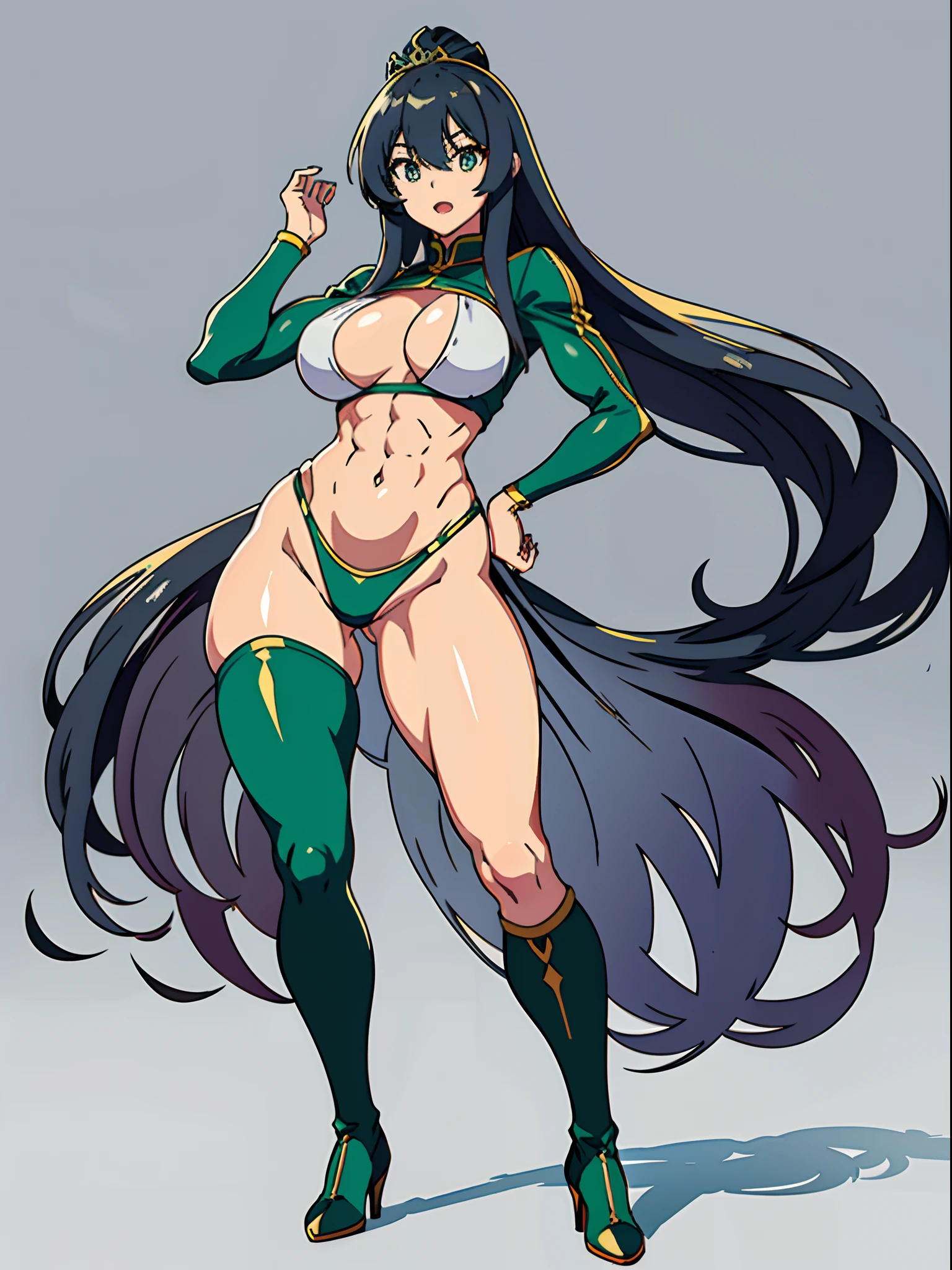 masterpiece, best quality, highly detailed, 8k, (pure grey background:1.2), anime, (2D:1.1), (1girl:1.2), 30-year-old queen, (athletic body:1.2), abs, (muscular:1.2), beautiful face, shining eyes, (long legs:1.2), red long hair, big breasts, wearing green stockings, wearing green long boots with high heels, slender waist, tight butts, cool, opening mouth, korean idol, (full-body image:1.2), (showing off her body:1.2)