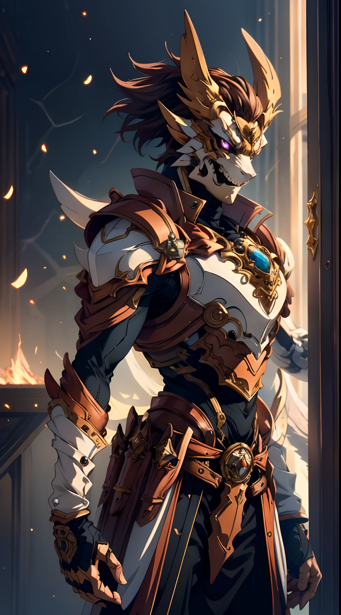 ((A young man:1.2)), short orange-brown hair, a wild hairstyle, knife-like thick eyebrows, bright and spirited big eyes, a fearless expression, a smile at the corner of his mouth, he wears a bizarre fantasy surreal-style chest armor with scales textures, wearing a dark bodysuit underneath, fingerless gloves, a beautifully fur belt around his waist, matching coarse cloth trousers, undaunted and wild posture, the background depicts a torn sky and earth, this character embodies a finely crafted fantasy surreal-style in anime style, characterized by an exquisite and mature manga illustration art style, high definition, best quality, highres, ultra-detailed, ultra-fine painting, extremely delicate, professional, anatomically correct, symmetrical face, extremely detailed eyes and face, high quality eyes, creativity, RAW photo, UHD, 8k, Natural light, cinematic lighting, masterpiece-anatomy-perfect, masterpiece:1.5