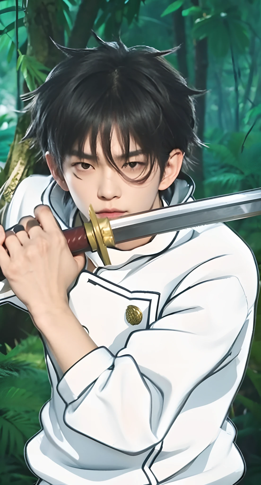Real life adaption of this character, Korean teen Handsome face,looking to viewer, villain expression,realistic spiky same hair ,realistic jungle with many grass background, hyper realistic, realistic light, realistic shadow, realism,(photorealistic:1.2), realistic same outfit white jacket, holding realistic katana