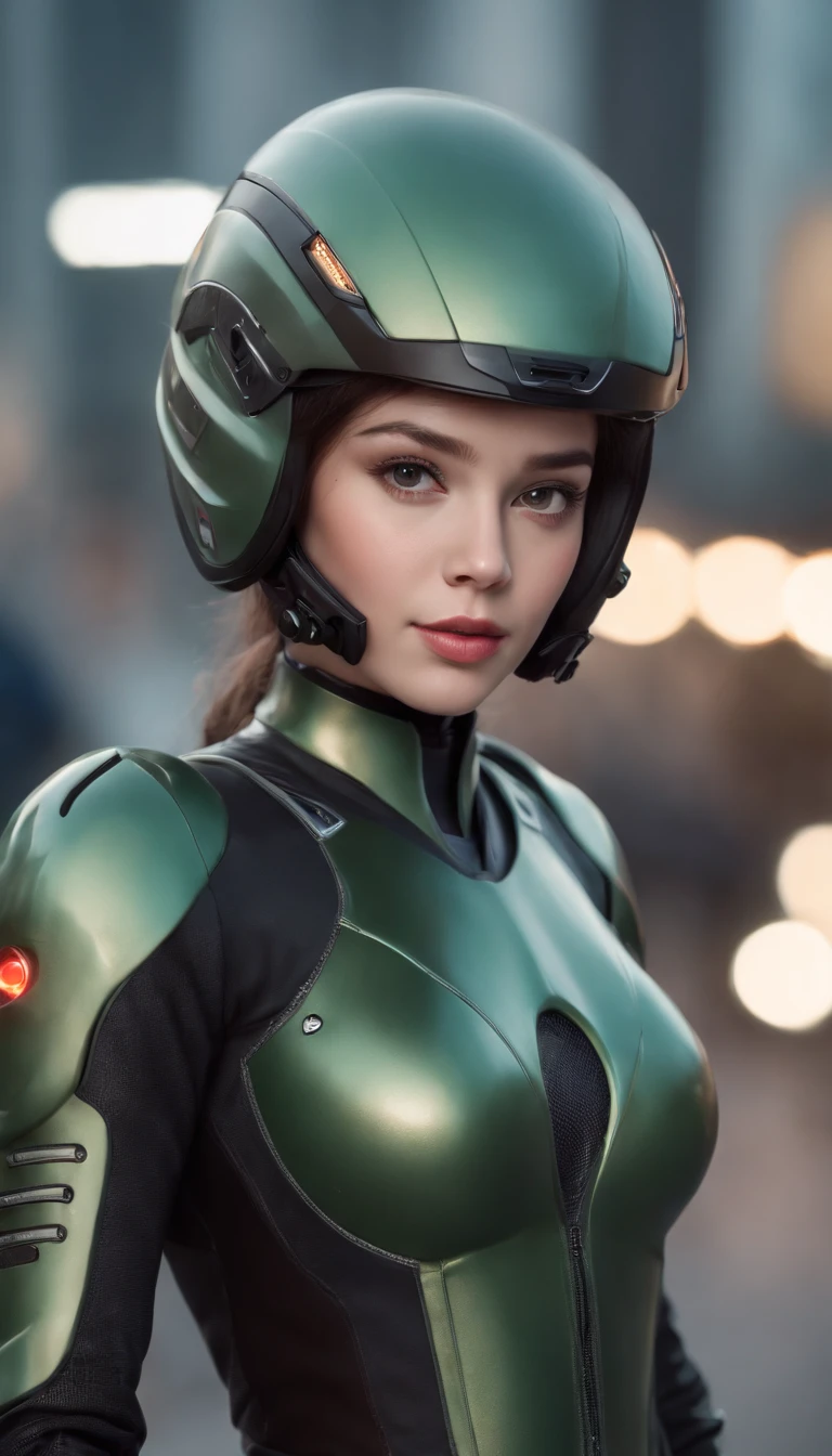 the highest picture quality, Detalles destacados, Ultra-high resolution, (realismo: 1.4), The best illustration, Detalles del favor, Altamente condensado 1girl, con un rostro delicado y hermoso, vestido con un mecha negro y verde, Llevar un casco mecha, Sosteniendo un controlador direccional, Conducir en una motocicleta, The background is a high-tech lighting scene of the future city..