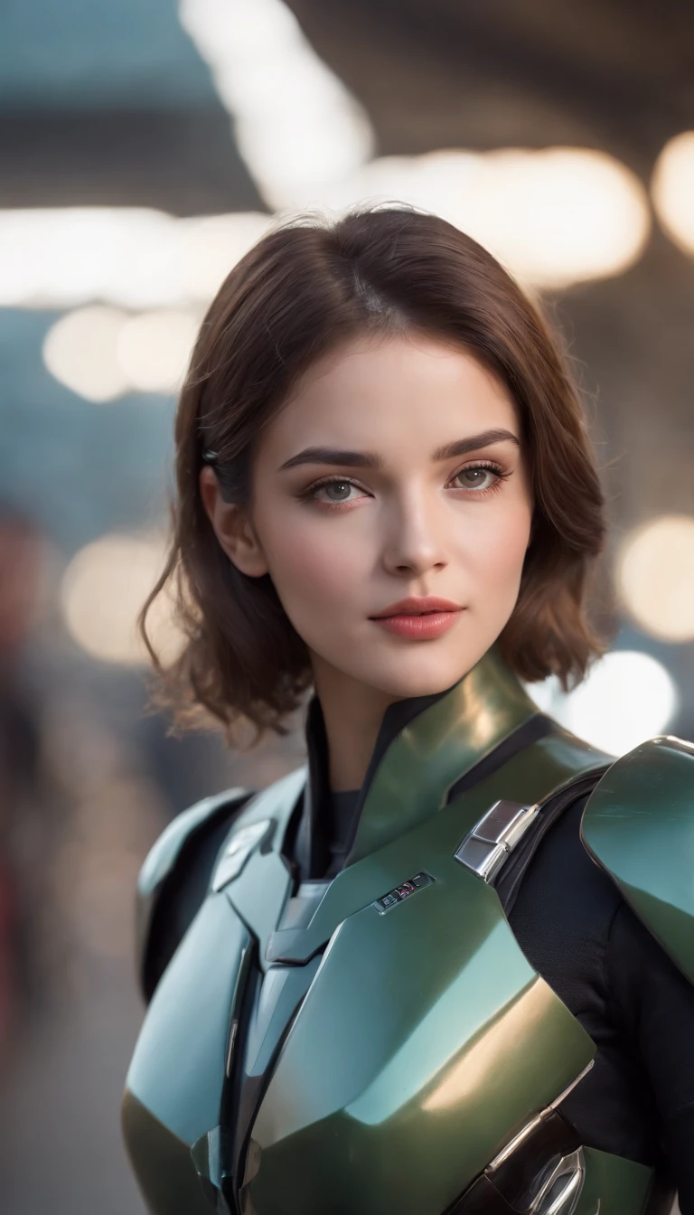 the highest picture quality, Detalles destacados, Ultra-high resolution, (realismo: 1.4), The best illustration, Detalles del favor, Altamente condensado 1girl, con un rostro delicado y hermoso, vestido con un mecha negro y verde, Llevar un casco mecha, Sosteniendo un controlador direccional, Conducir en una motocicleta, The background is a high-tech lighting scene of the future city..