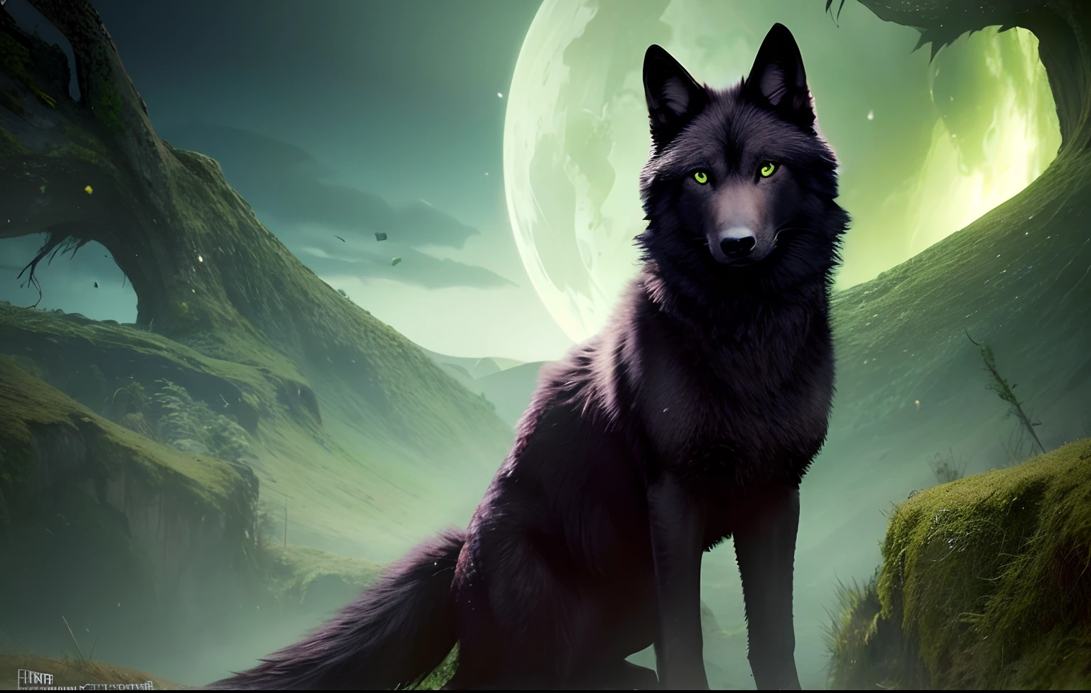 Fantasy creature black wolf with green eyes