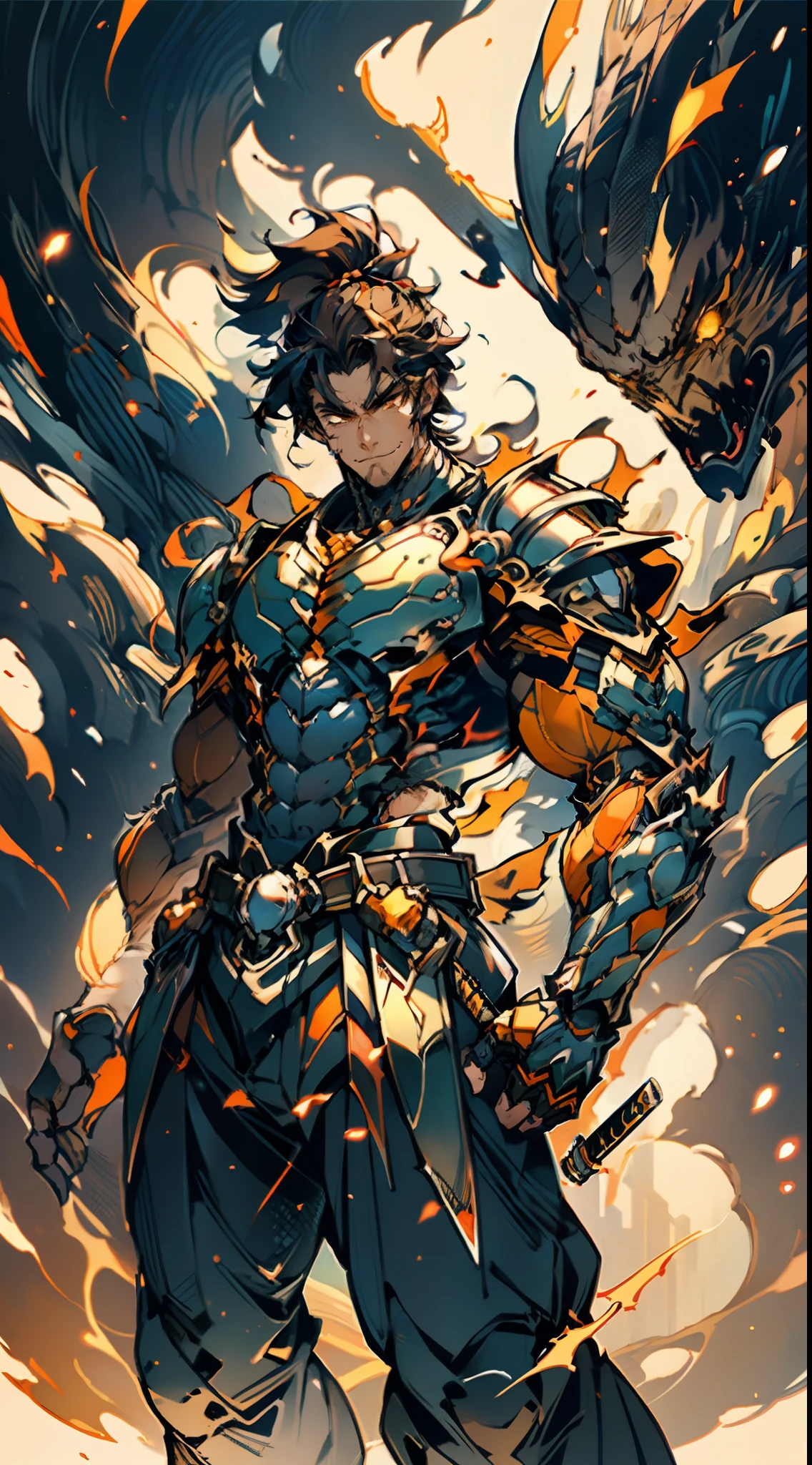 ((A young man:1.2)), short orange-brown hair, a wild hairstyle, knife-like thick eyebrows, bright and spirited big eyes, a fearless expression, a smile at the corner of his mouth, he wears a bizarre fantasy surreal-style chest armor with scales textures, wearing a dark bodysuit underneath, fingerless gloves, a beautifully fur belt around his waist, matching coarse cloth trousers, undaunted and wild posture, the background depicts a torn sky and earth, this character embodies a finely crafted fantasy surreal-style in anime style, characterized by an exquisite and mature manga illustration art style, high definition, best quality, highres, ultra-detailed, ultra-fine painting, extremely delicate, professional, anatomically correct, symmetrical face, extremely detailed eyes and face, high quality eyes, creativity, RAW photo, UHD, 8k, Natural light, cinematic lighting, masterpiece-anatomy-perfect, masterpiece:1.5