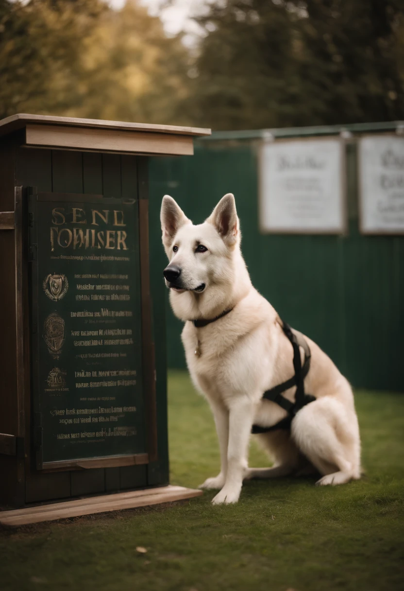White German Shepherd Dog stands facing left in a standing position. "stay" The dog is wearing a vest, no colete tem o nome "Zorran", He's standing on a lawn, Behind it is a panel with the writing "Seven Guardians Kennel"