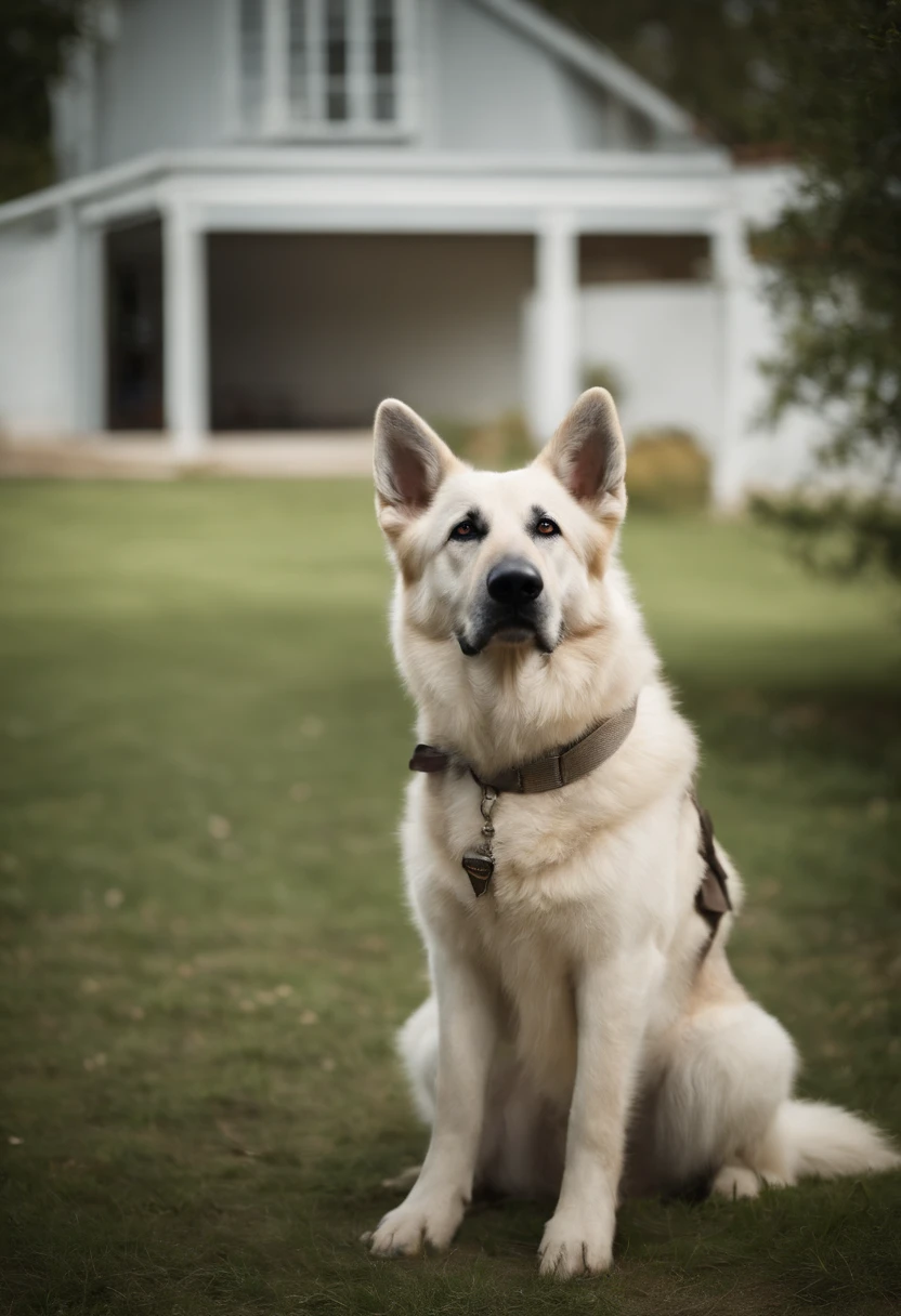 White German Shepherd Dog stands facing left in a standing position. "stay" The dog is wearing a vest, no colete tem o nome "Zorran", He's standing on a lawn, Behind it is a panel with the writing "Seven Guardians Kennel"