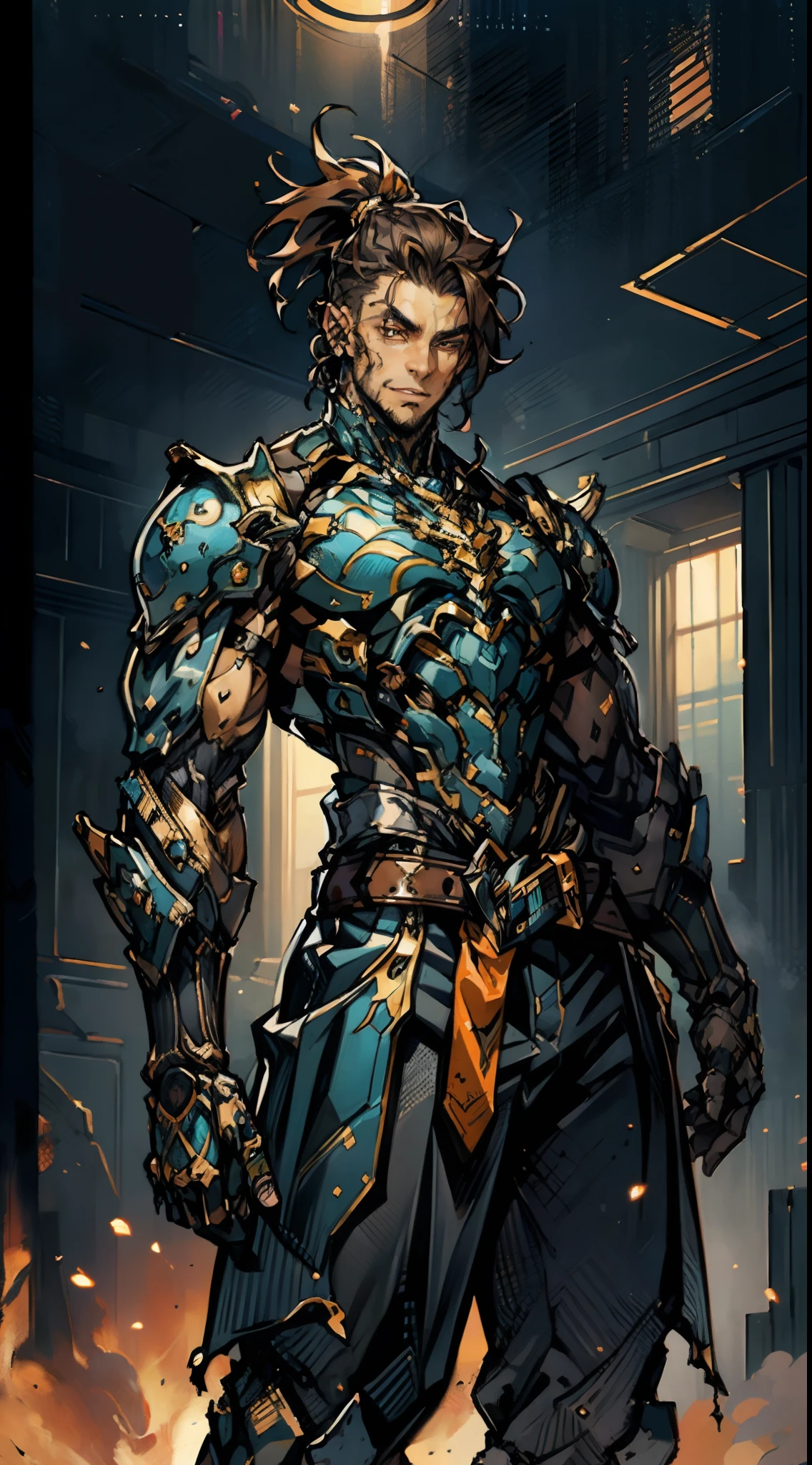 ((A young man:1.2)), short orange-brown hair, a wild hairstyle, knife-like thick eyebrows, bright and spirited big eyes, a fearless expression, a smile at the corner of his mouth, he wears a bizarre fantasy surreal-style chest armor with scales textures, wearing a dark bodysuit underneath, fingerless gloves, a beautifully fur belt around his waist, matching coarse cloth trousers, undaunted and wild posture, the background depicts a torn sky and earth, this character embodies a finely crafted fantasy surreal-style in anime style, characterized by an exquisite and mature manga illustration art style, high definition, best quality, highres, ultra-detailed, ultra-fine painting, extremely delicate, professional, anatomically correct, symmetrical face, extremely detailed eyes and face, high quality eyes, creativity, RAW photo, UHD, 8k, Natural light, cinematic lighting, masterpiece-anatomy-perfect, masterpiece:1.5
