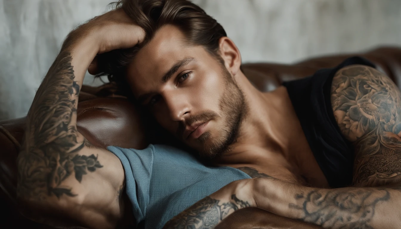 A man lying on a couch with a tattoo on his arm, uma escultura de bronze de Alexander Kucharsky, Tumblr, RococoStyle, Macho, Handsome, sensual