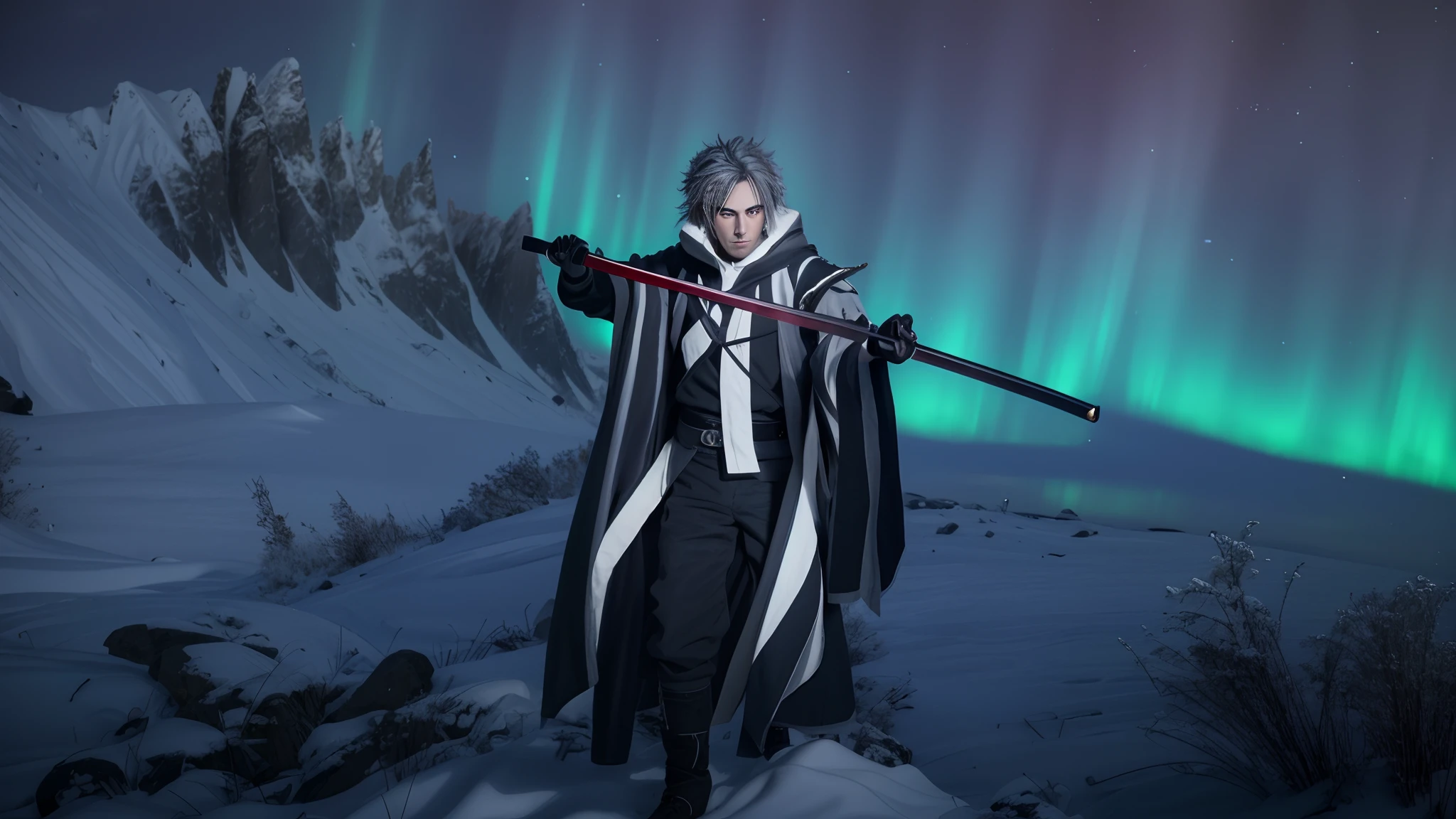 masterpiece, highly detailed photorealistic 8k raw pohoto, best cinematic quality, volumetric shadows, volumetric lighting, perfect 10k render, full body view, grey hair, spiky hair, red eyes, glowing red eyes, vampire, holding katana, unsheathing katana, vampire suit, aurora, northern lights, flying