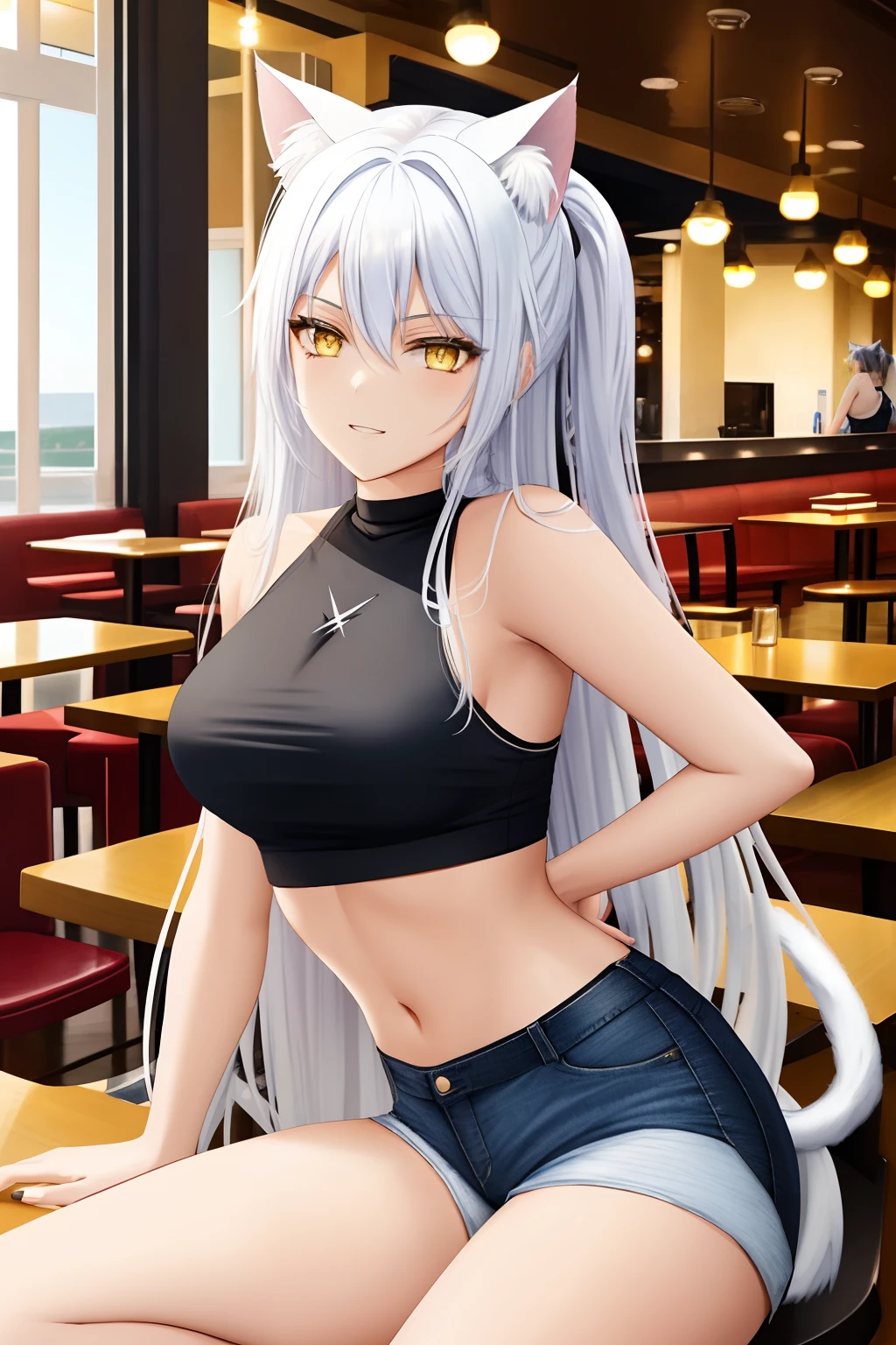 young woman in restaurant, wearing black crop top and blue jean shorts, long white hair, cat ears, white cat tail, yellow eyes, smug