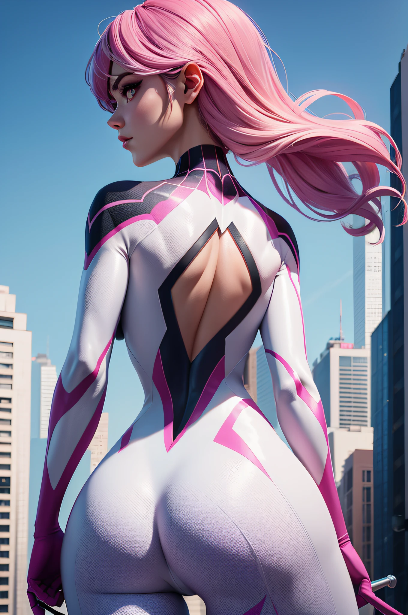 Close-up of a woman, spider gwen, in city, medium breasts, 4K quality, from behind, beautiful ass