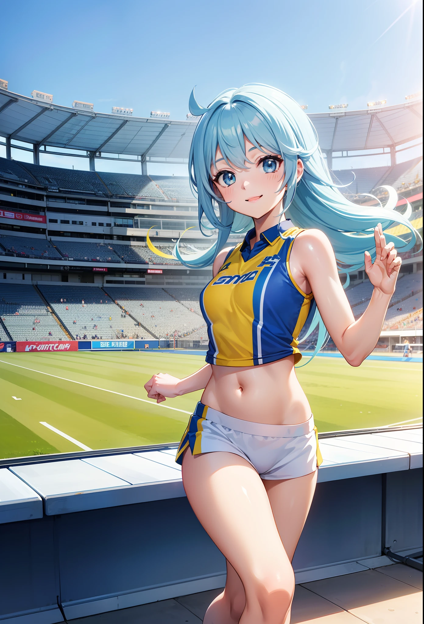 (high quality1.4), (finely detail:1.4), nsfw, 1 girl, aqua \(konosuba\), (medium breasts), ( detail erectile nipples), (((shining green cheerleader))), ((white pleated skirt)), ((green shorts)), (cameltoe), anus, smile, ((standing on one)), ((very bright stadium:1.4)), ((solo)), (masterpiece, best quality, 8k:1.4),