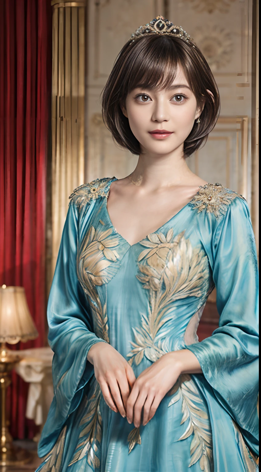73
(20-year-old princess,is standing), (A hyper-realistic), (masutepiece), ((short-hair:1.46)), (Silky hair), (Breast:0.9), (kindly smile:0.8), lipsticks, (Luxurious dresses:1.46), Majestic Palace