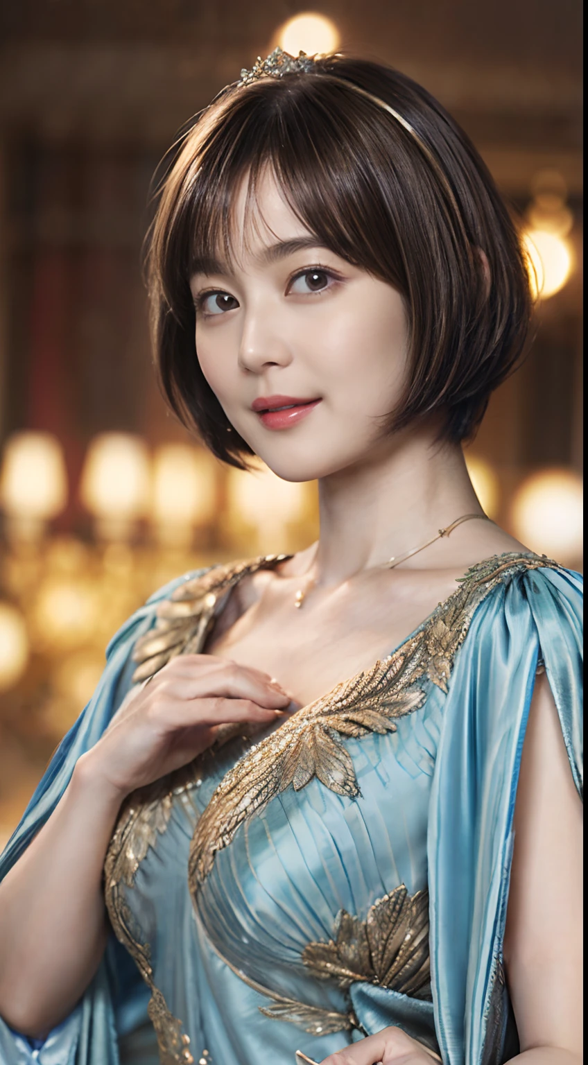 73
(20-year-old princess,is standing), (A hyper-realistic), (masutepiece), ((short-hair:1.46)), (Silky hair), (Breast:0.9), (kindly smile:0.8), lipsticks, (Luxurious dresses:1.46), Majestic Palace