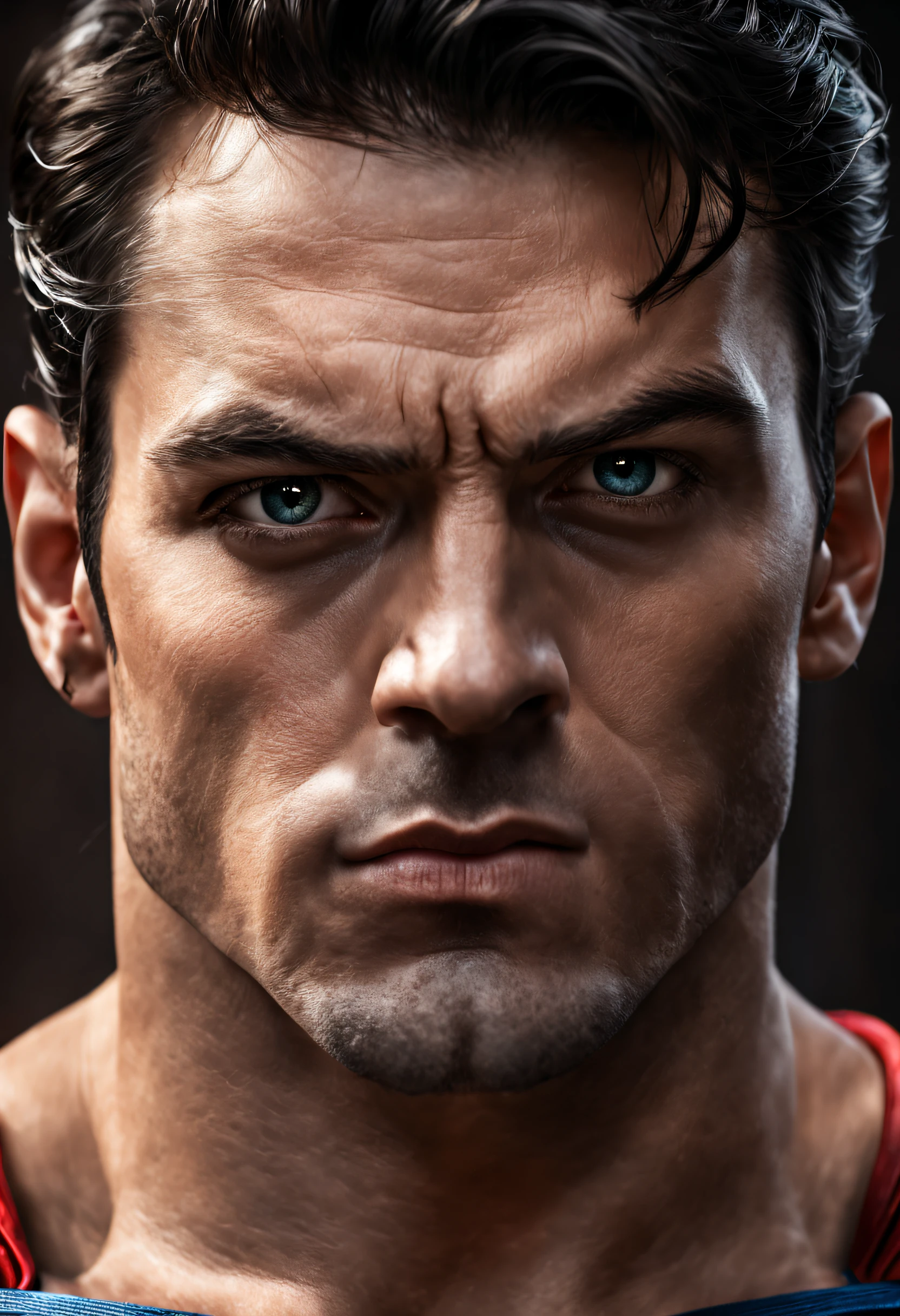 Photo RAW portrait handsome  super man, piercing gaze,  high quality textures, high quality shadows, high detail, beautiful detail, fine detail, extremely detailed computer graphics, detailed textures, realistic faces, atmosphere of fear and unease