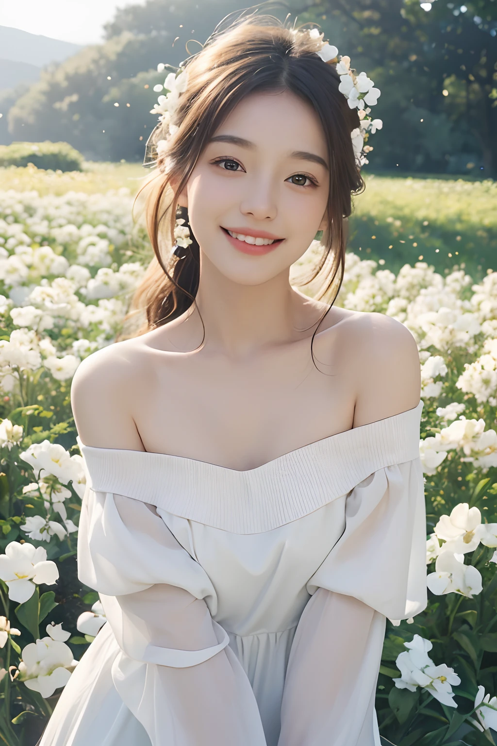 Best quality, masterpiece, ultra high res, (photorealistic:1.4), raw photo, 1girl, white dress, off shoulder, blossom flower field, glowing skin, light smile --auto
