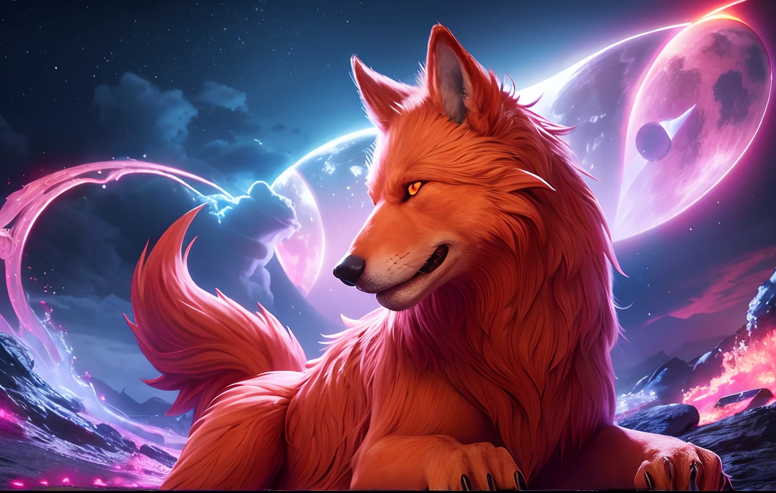 Fantasy creature orange wolf with glowing pink eyes