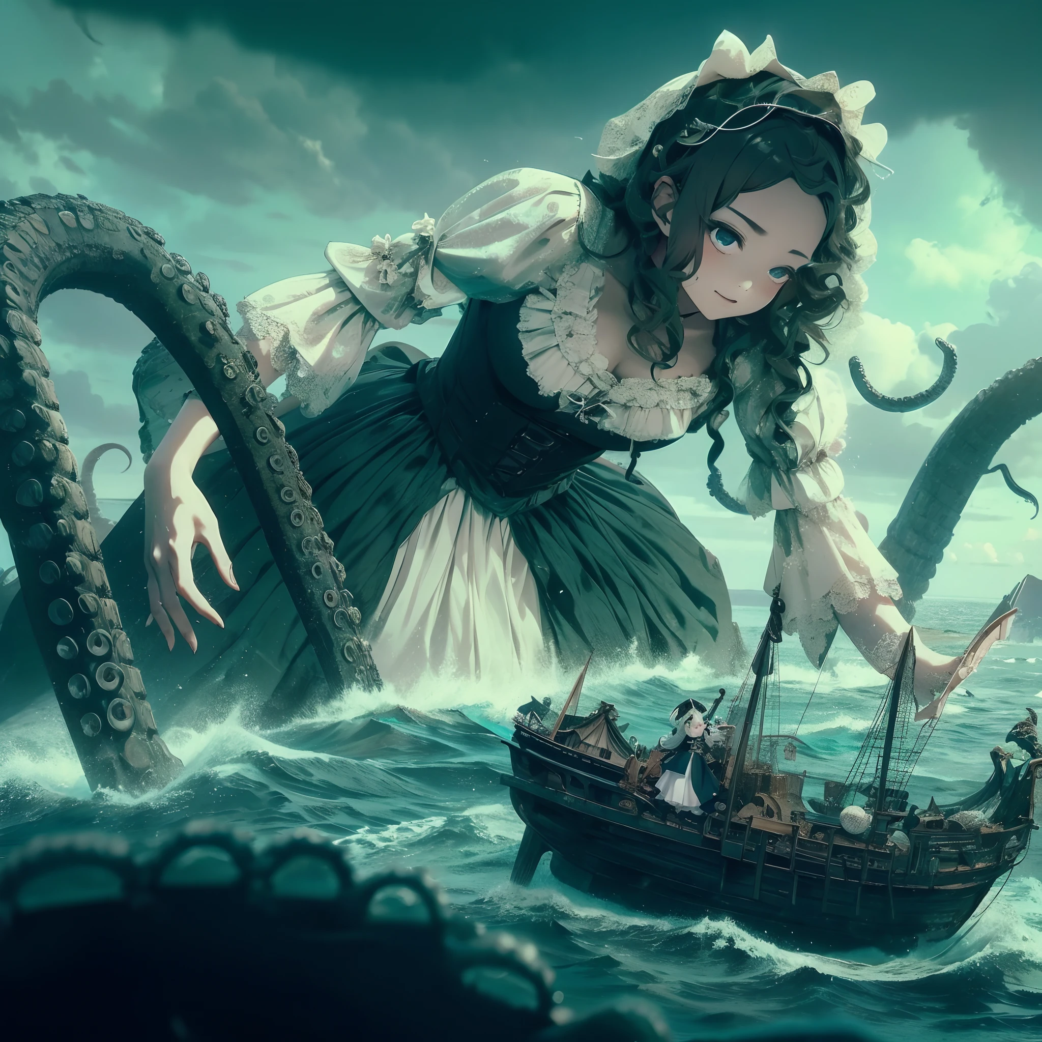 Giant girl leaning out of the sea. She wears a gothic dress. dress with ruffles. Innocent laughter. Grab and sink the ship. Wooden boat. Tentacles extending from the sea. View from the ship.