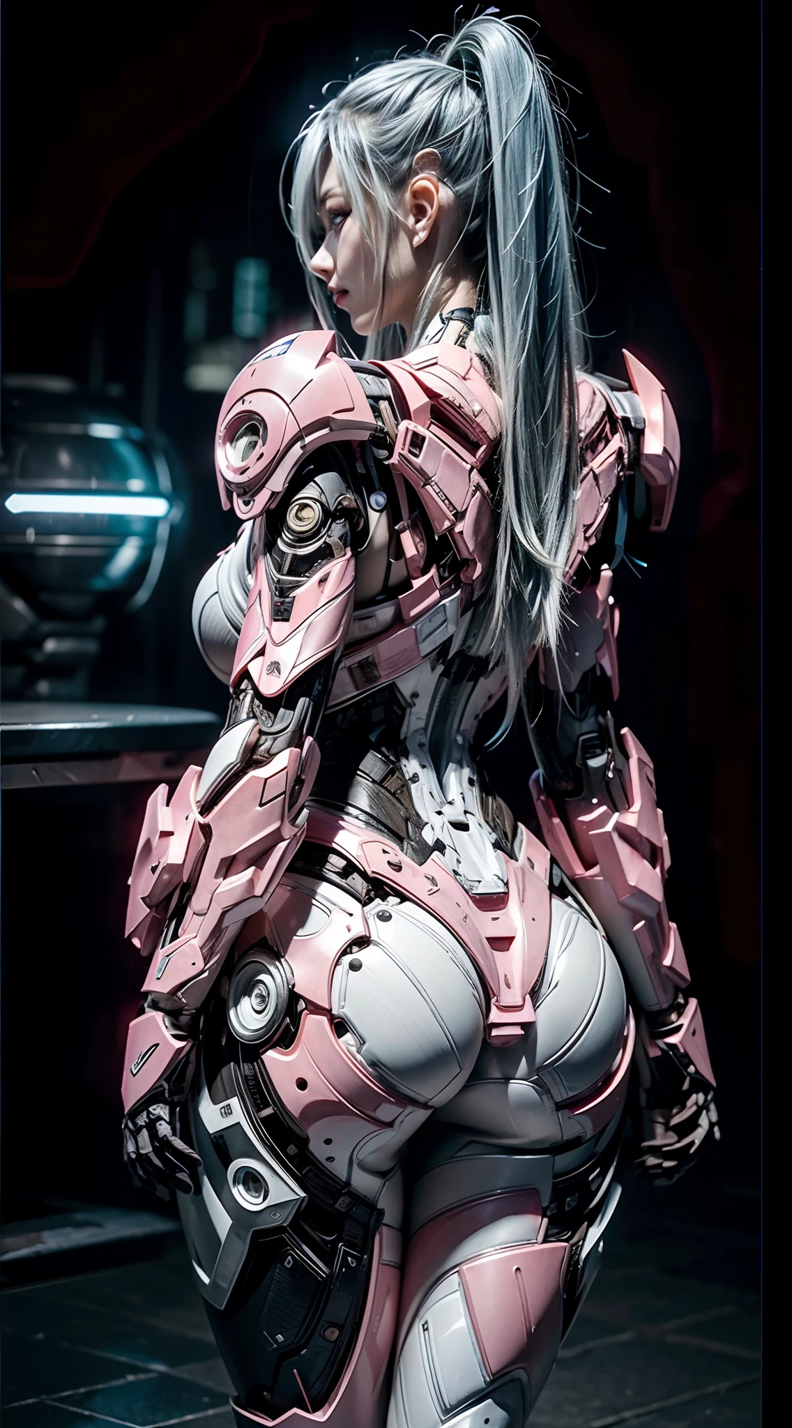 ((1girl, perfect face, looking at the audience)),
 BREAK,
 ((skin tight transparent vinyl, long blue hair, gray eyes, pale skin, shanyaogaoda, thighs, pink eyes, looking down)),
 BREAK,
 ((cyborg, Machine)), mecha, pink armor with white parts, shiny clothes, hair ornaments, bare shoulders,
 BREAK,
 low lighting, low key, sharp focus, octane, backlight, machine, backlight, standing, (large mechanical background:1.2), Bottom up view, cosplay, RAW photo, smooth, best quality, (intricate details:  1.3), highly detailed, fine detail, full color, 8k uhd, film grain, (studio lighting:1.2), (Fujifilm XT3), (photorealistic:1.3), (skin detail:1.2), very high resolution, out of the park  with lake, best quality, photo, 4k, (photorealistic:1.4)