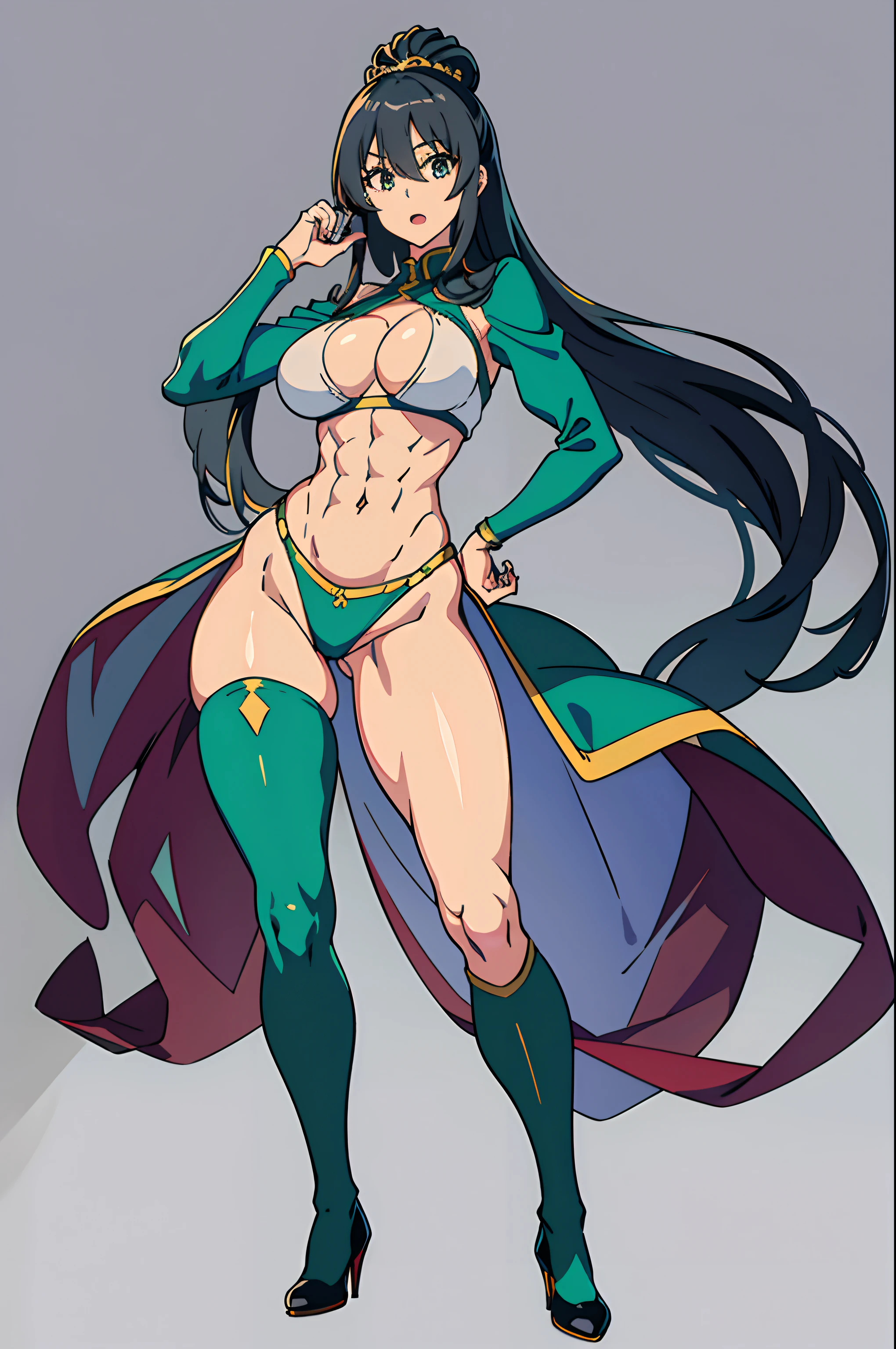 masterpiece, best quality, highly detailed, 8k, (pure grey background:1.2), anime, (2D:1.1), (1girl:1.2), 30-year-old queen, (athletic body:1.2), abs, (muscular:1.2), beautiful face, shining eyes, (long legs:1.2), red long hair, big breasts, wearing green stockings, wearing green long boots with high heels, slender waist, tight butts, cool, opening mouth, korean idol, (full-body image:1.2), (showing off her body:1.2)