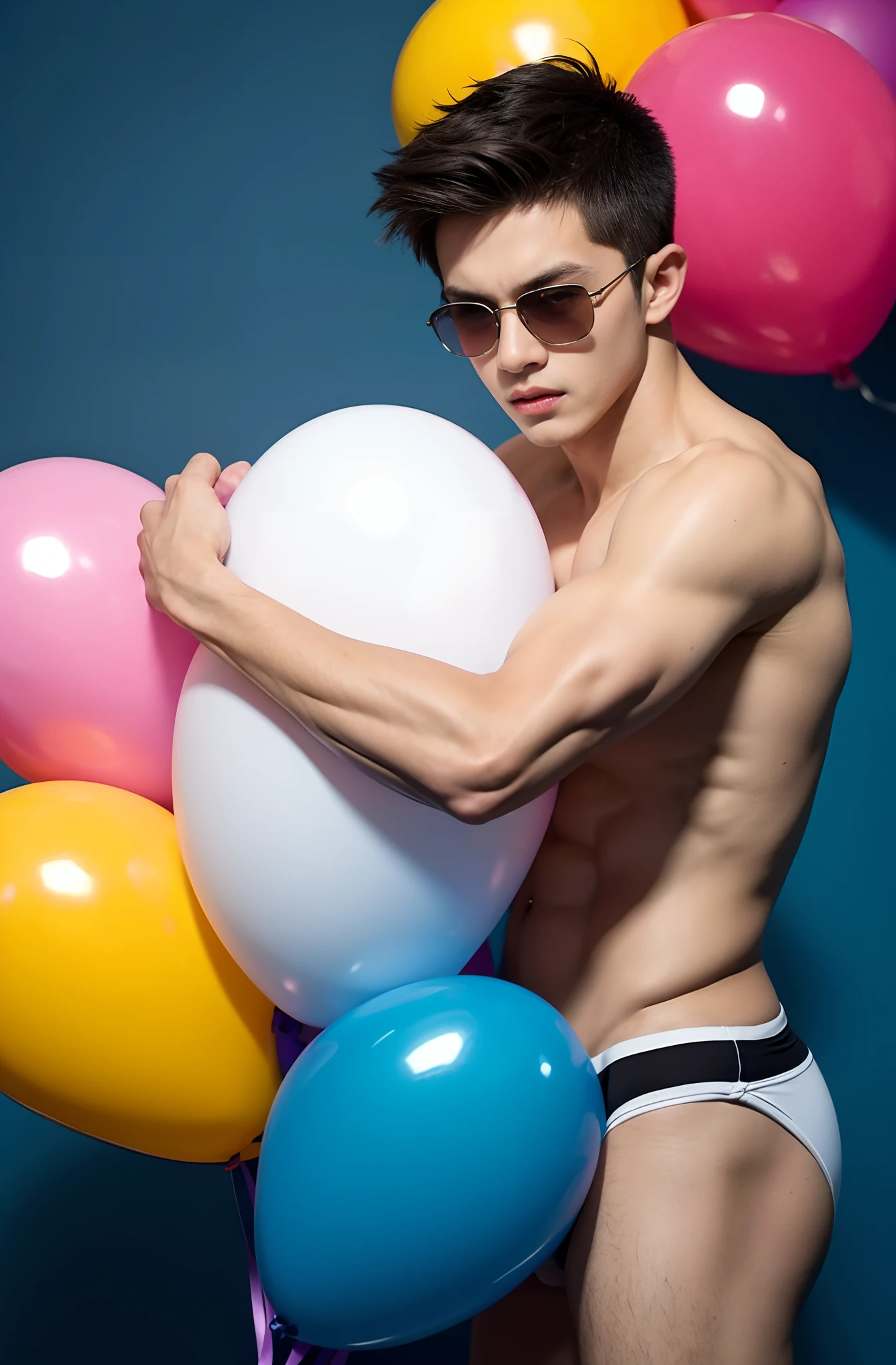 young boy shirtless in speedos, hugging big orange balloons, thin slim body, sunglasses, violet balloons, orange balloons, 14-yr-oyouth, athletic teenager, cute