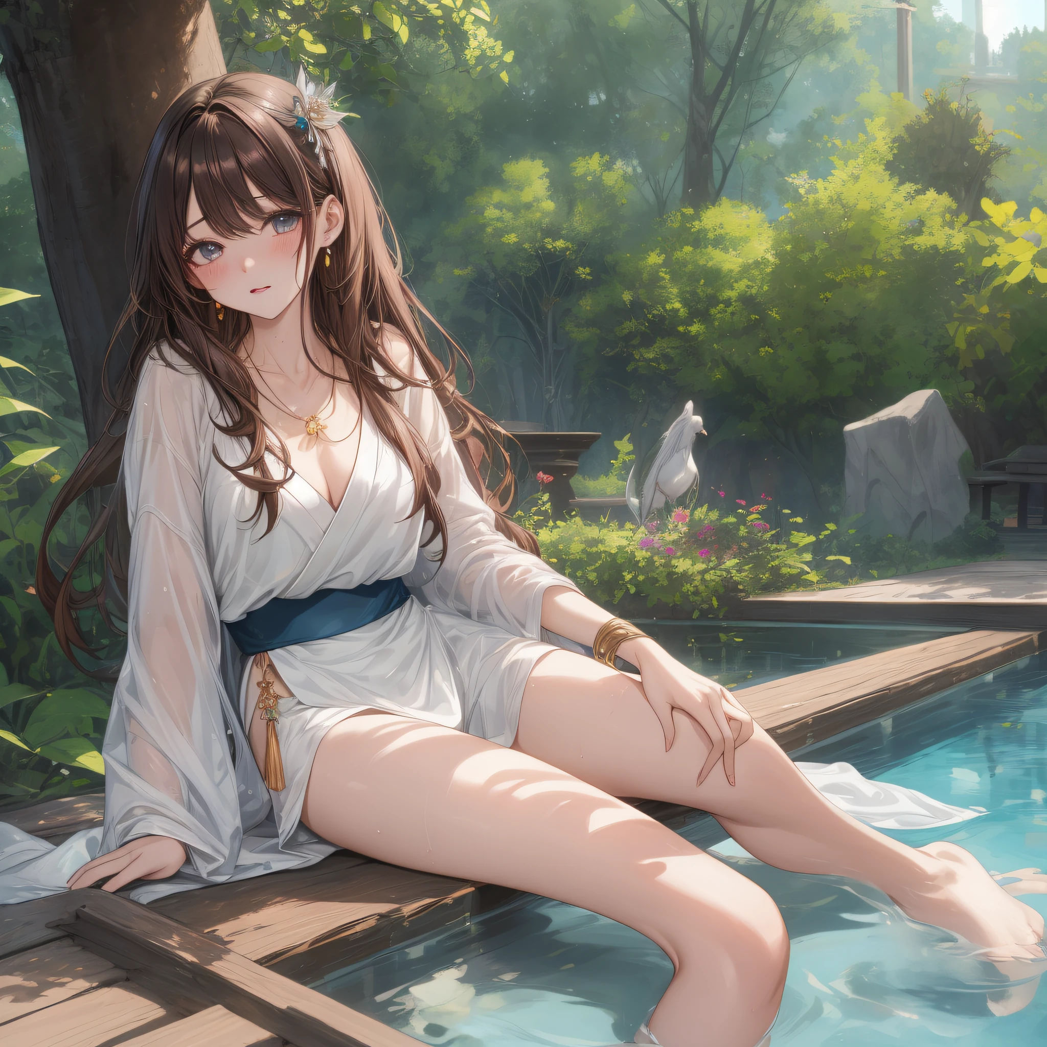 Foto realism、top-quality、超A high resolution、A picture、Beautifully beautiful photos、Extraordinary beautiful girl、Highlights of glossy cheeks、Detailed cute and beautiful face、(PureErosFace_V1:0.008)、beautiful bangs、shiny skins、Shiny beautiful hair、Silky hair、finer hair、hd eyes、perfect bodies, Bright and clear, The eyes sparkled with a charming light、二重まぶた、The whole body is naked as red、Bare knees、spread their legs、Shiny little earrings and necklace、Disheveled clothes、Soaked with sweat、Upturned breasts、 Black brown hair、Hanfu beauty,Antique courtyard,Bigchest,Cyan clothes,Charming,Raised sexy,Hot figure,faeries,Sit on a tree,Cyan eyeshadow,Antique style,Wooden hairpins,Plump body,solo person