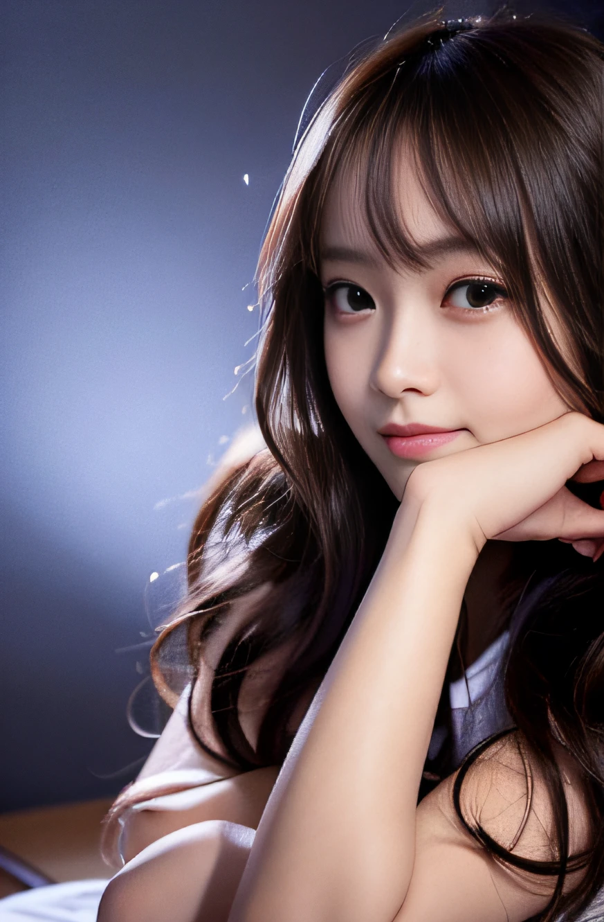 masterpiece, best quality, 8k, 15yo, teen, raw photo, award winning portrait, smile shyly, 1girl, idol face, beautiful, extremely pretty, cute, japanese women,female idol, round big eyes, drooping eyes, small nostrils, light makeup, big round eyes, narrow waist, delicate girl, upper body, DSLR, looking at viewer, candid, sophisticated, youthful, thin arms, professional lighting, (detailed eyes and face:1.0), (bokeh:1.1)