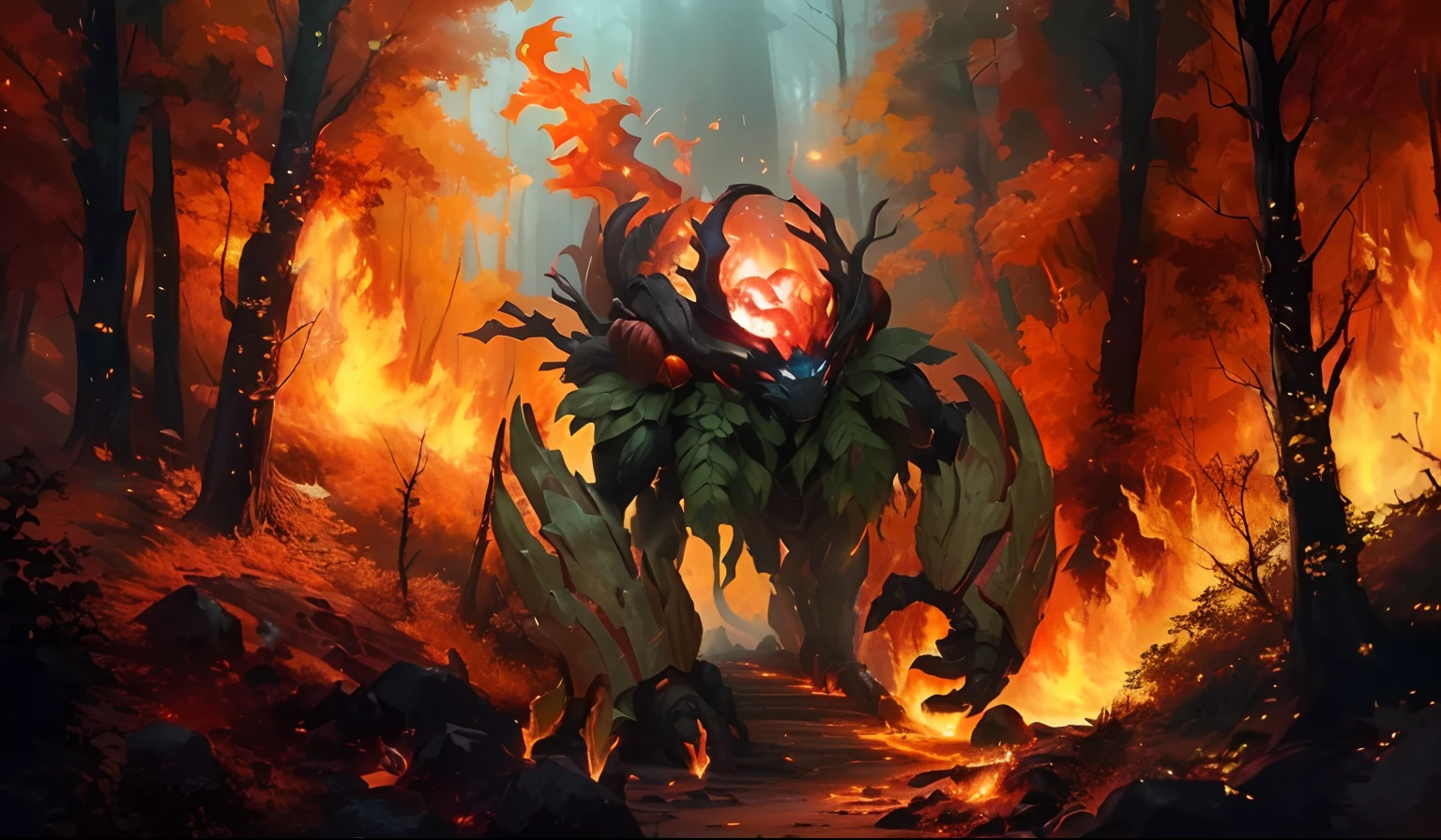 There's a painting of a giant monster in the forest, Criatura de Golem de Fogo, fogo elementar, queimando o crescimento excessivo, Giygas, cacodemon, Treant, arte oficial, floresta em chamas, hermit crab titan, esfera preta de fogo, the forest is on fire, hot maw detalhado, arte conceitual dota 2, z'gok. 8 k hd resolution