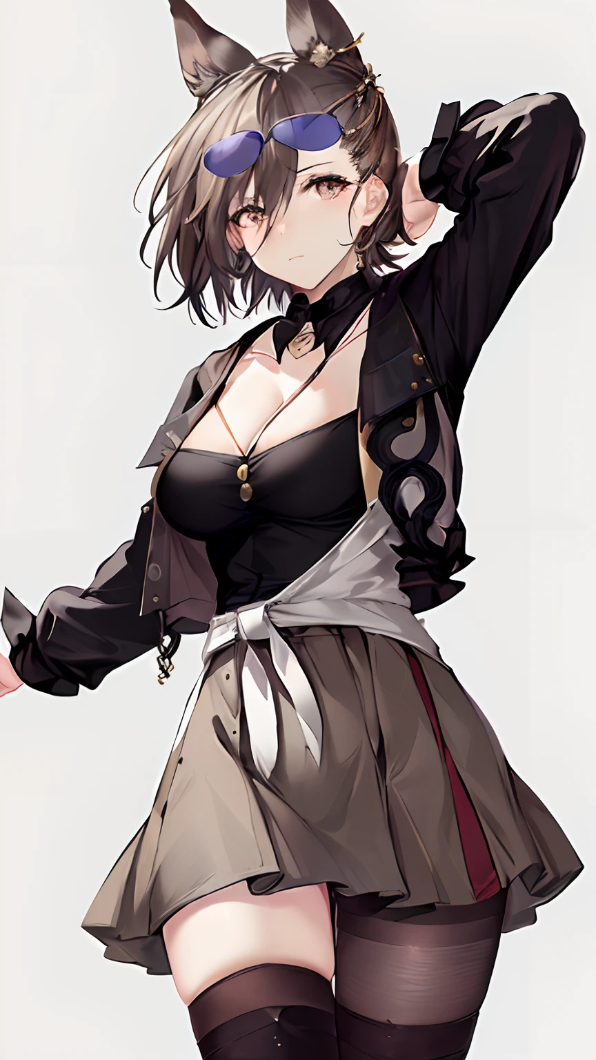 masterpiece, high quality, highres, 
1girl, solo,
penance,
eyewear on head, tinted eyewear, 
cowboy shot,  one leg raise up, single thighhigh, single leg pantyhose, 
from side, medium breasts, cleavage, 
looking at viewer,  expressionless, 
simple background,