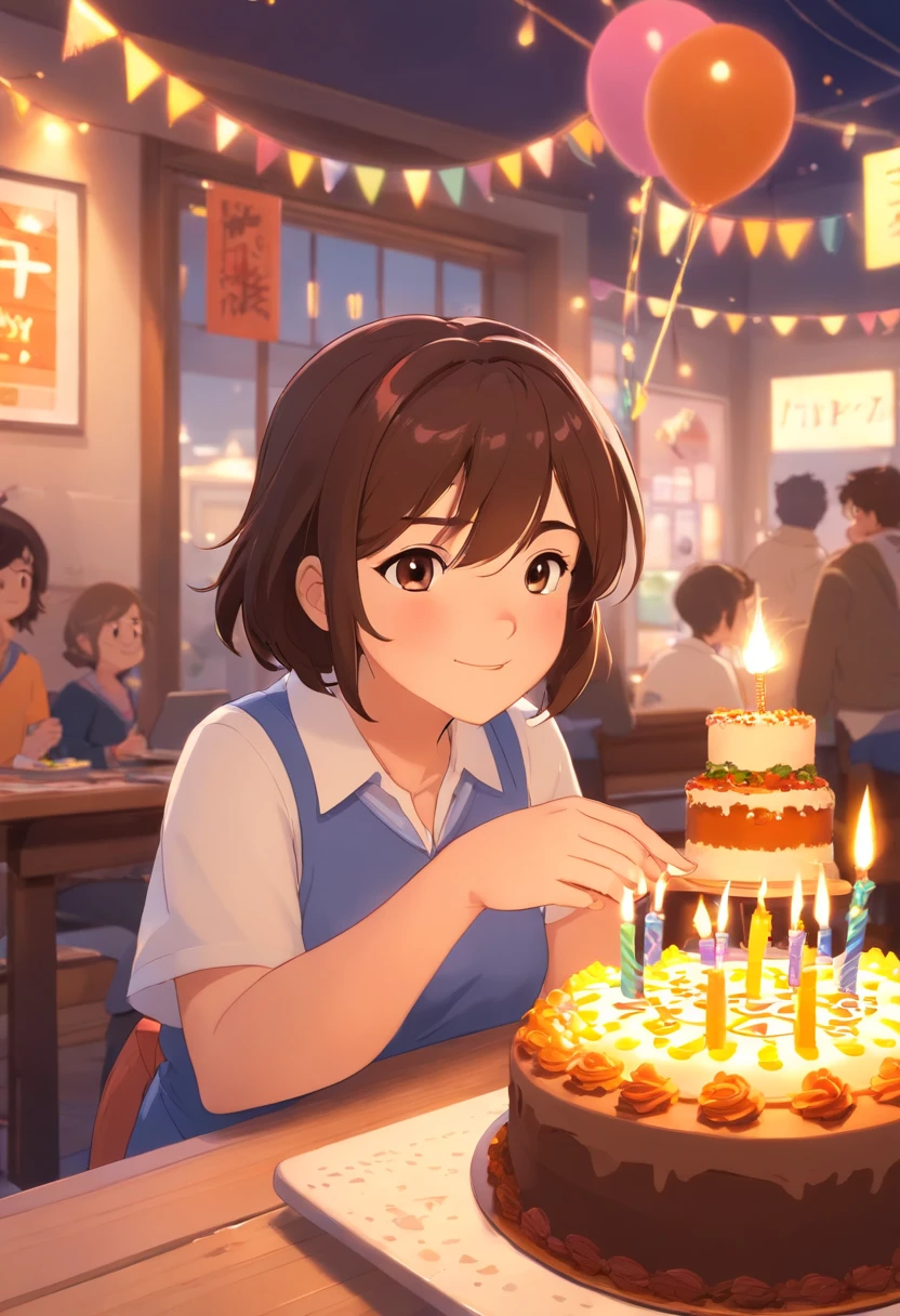 pixar desenhos animados 3D, Chubby brunette woman celebrating her birthday