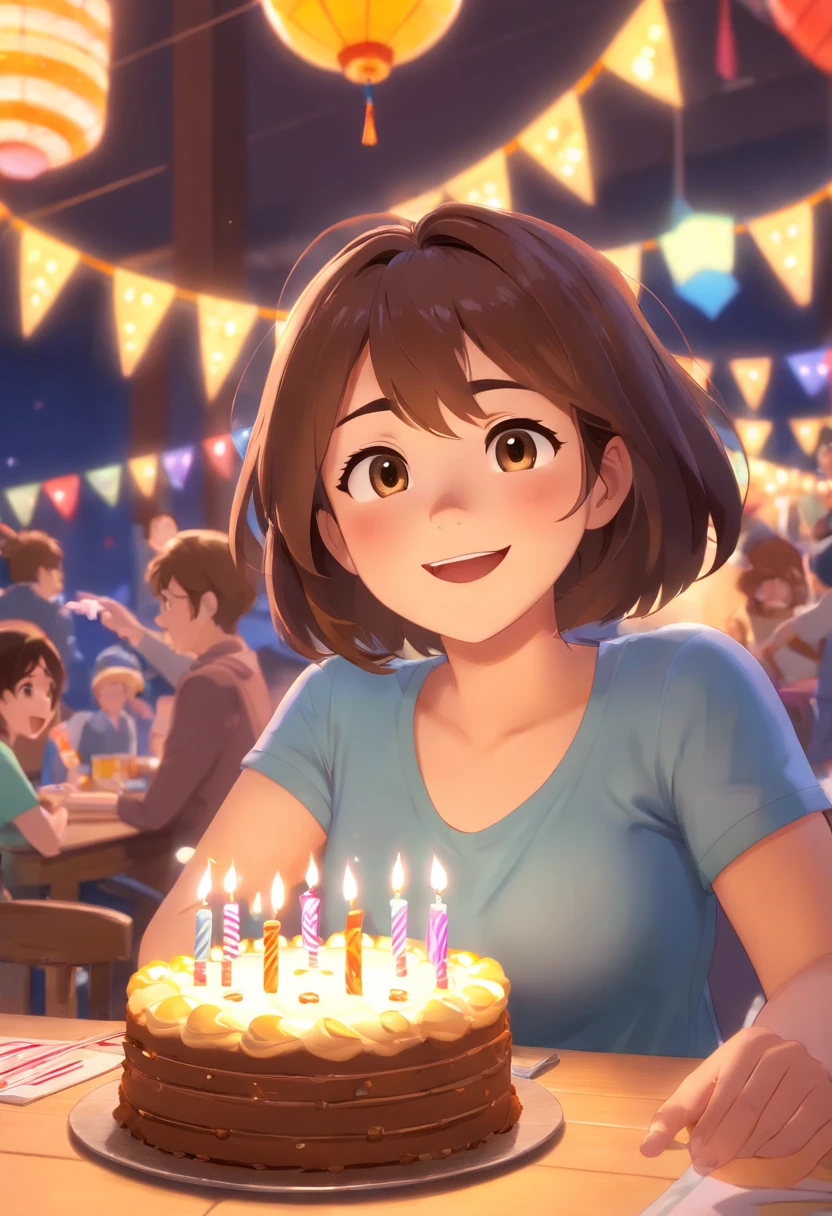 pixar desenhos animados 3D, Chubby brunette woman celebrating her birthday