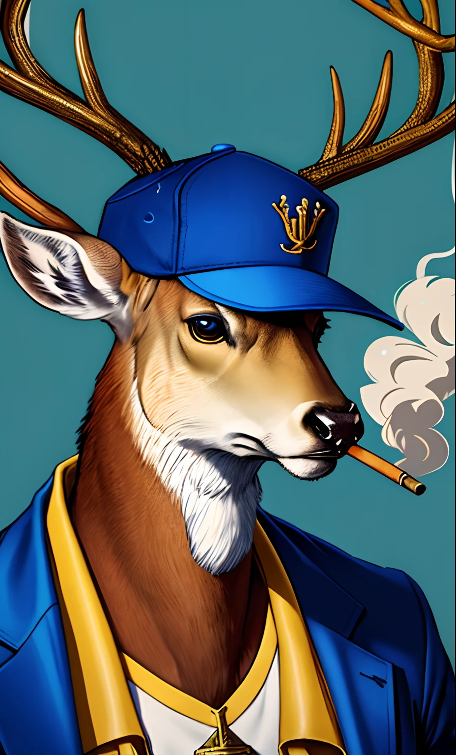 Realistic gangster deer wearing a royal blue and gold cap, smoking a blunt, looking at viewer