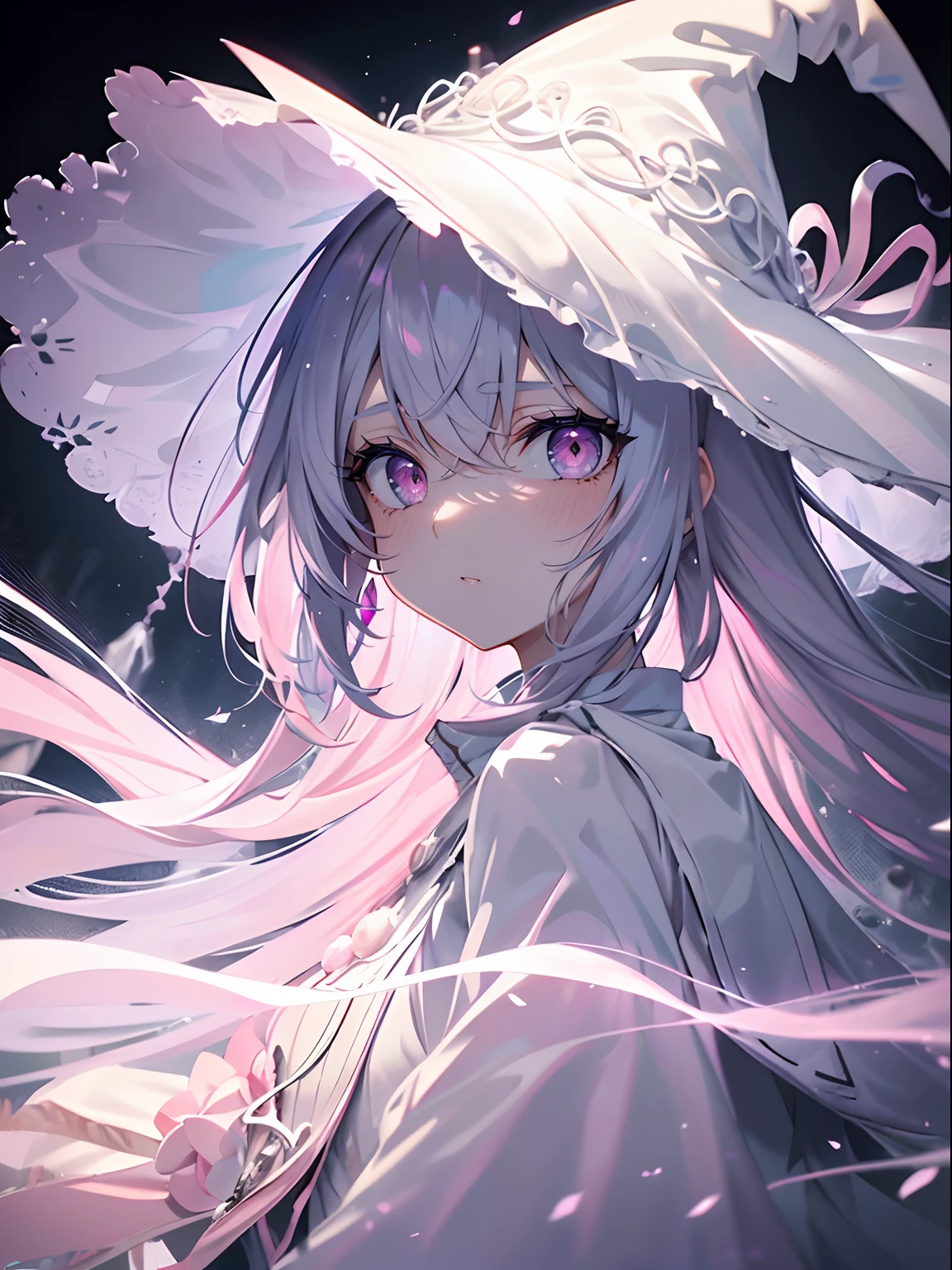 (masterpiece,best quality,ultra-detailed),1girl, white and pink hair,long hair,pink witch hat,pink witch outfit, covered in light,((grey theme)),((pastel colours theme)),in a gray wasteland covered in ashes, cloudy, grey ambient