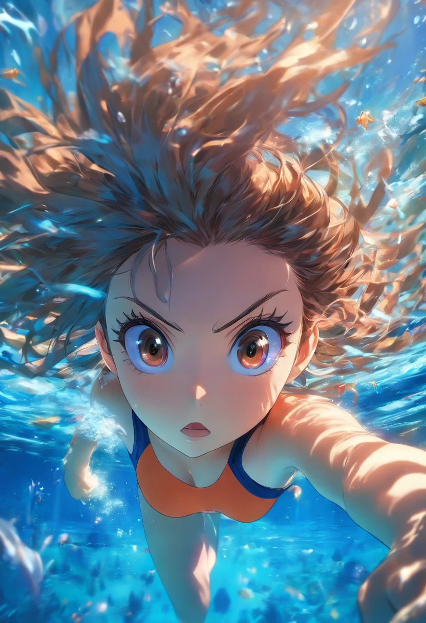foreshortening, profundidade de campo, master part, best quality, 1girl, brown hair, olhos castanhos, cabelos longos, underwater, bolha de ar, sozinho, Olhando para o Viewer, school school swimsuit, swimming, luz solar fraca,