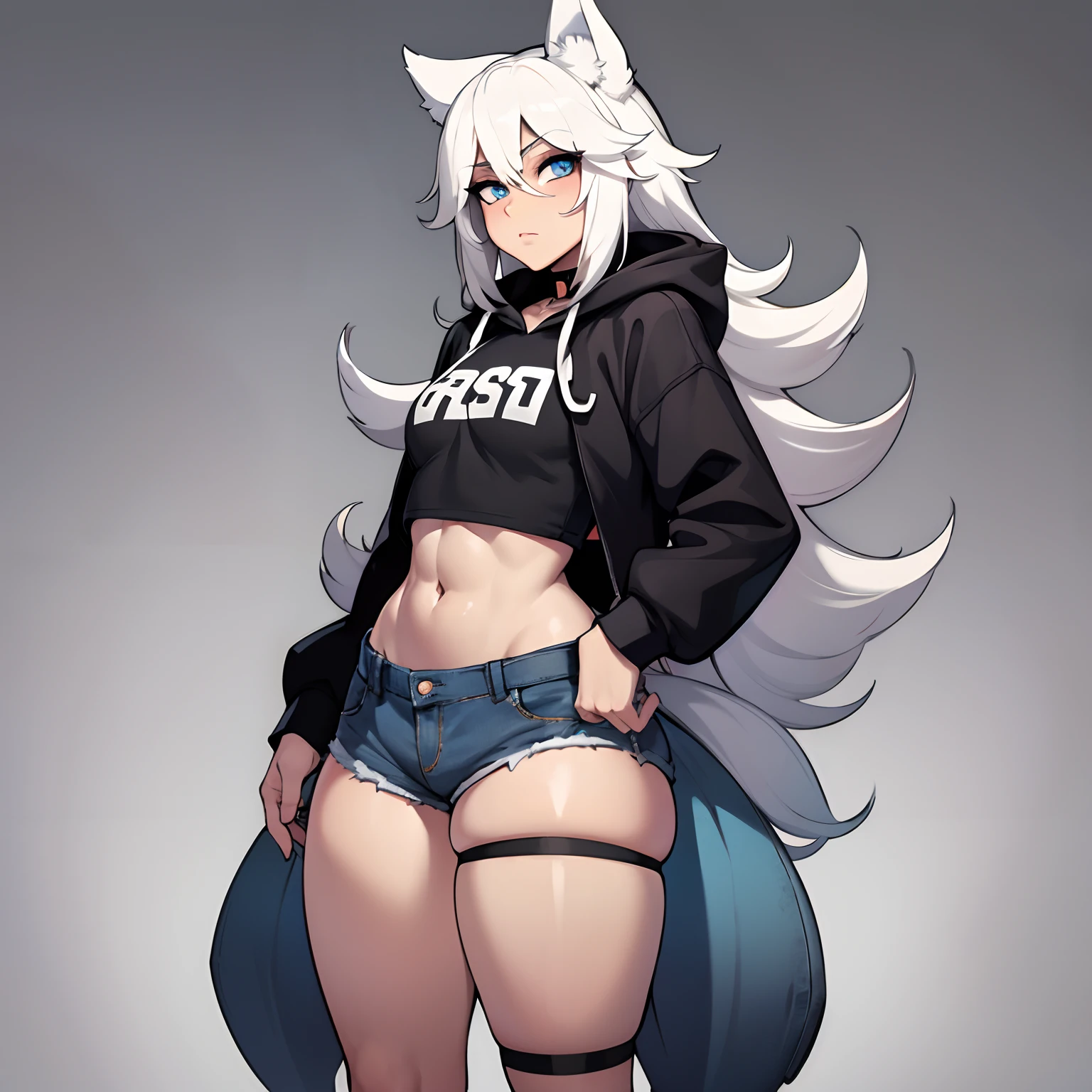 male, Feminine features, Short, has Long white hair, has wolf ears, has wolf tail, has blue eyes, wearing denim short shorts, thigh high fishnets, black combat boots, wearing cropped black hoodie, flat chest, super flat chest, solo femboy, only one femboy ((FLAT CHEST)) (ALONE)(SOLO) Alone, solo, wide hips, thicc thighs, male, is male