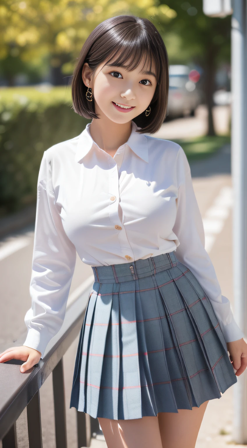 (school uniform, white blouse, cardigan, plaid pleated mini skirt), (Lifting the hem of the skirt1.3), (full length, whole body), (black hair, ************, (slim waist and large breasts style, short height:1.2), short bob hair, aqua eyes, blush stickers, one little star earring, lively eyes, younger sister girl, round face, eyebrows downward, light blush, Look at viewers, affectionate cute, cute girl, surreal high school girl, Look at viewers, natural smile, Hinano Himeno), (Surrealism, natural lighting, depth of field, Nikon, 8k, super detail, masterpiece, high details, anatomically correct, award winning)