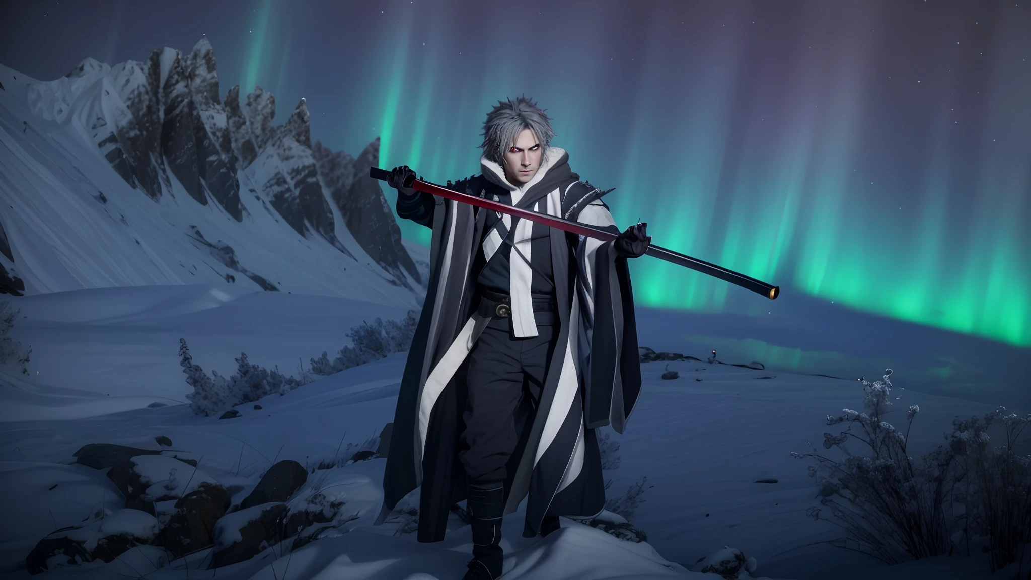 masterpiece, highly detailed photorealistic 8k raw pohoto, best cinematic quality, volumetric shadows, volumetric lighting, perfect 10k render, full body view, grey hair, spiky hair, red eyes, glowing red eyes, vampire, holding katana, unsheathing katana, vampire suit, aurora, northern lights, flying