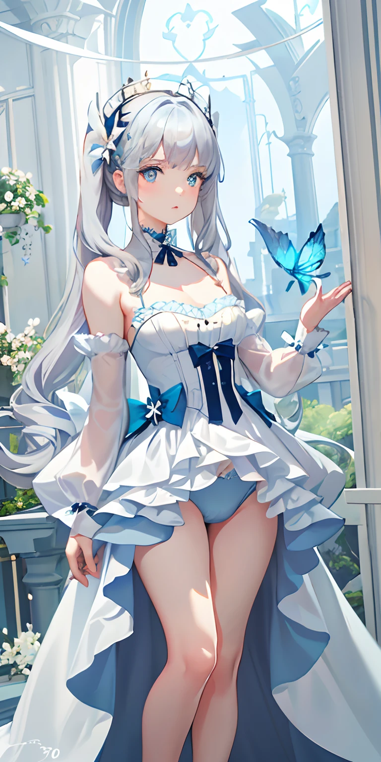 (looking-down),Dynamic Angle,ultra-detailliert, illustratio, gros-plan, Straight, One girl, (Fantasia:1.4), (azure eyes:1.233),(radiant eyes:1.233) ,(beautiful and delicate eyes:1.1),(Silver hair:1.14),(twintails hairstyle), (+(Bullhair flower:1.14)),a choker,(Pale blue lingerie)，(deadpan,Mouth closure),(Standing), (classical Princess boudoir with dressing tableand french windowin a white ancient palaces),(white blossoms、florals),(abyssal),(flowingwater),(a dull blue world tree:1.14),(Ruins),(natta:1.2 ),Dreamy,Seoul,(fluorescent),(Translucent blue butterfly flight:1.15),[[Delicate fingers and hands:0.55]::0.85],(Fine fingers),(yubao:0.5),in one's underwear only，silber hair，bow ribbon，Professional Drawing，full bodyesbian